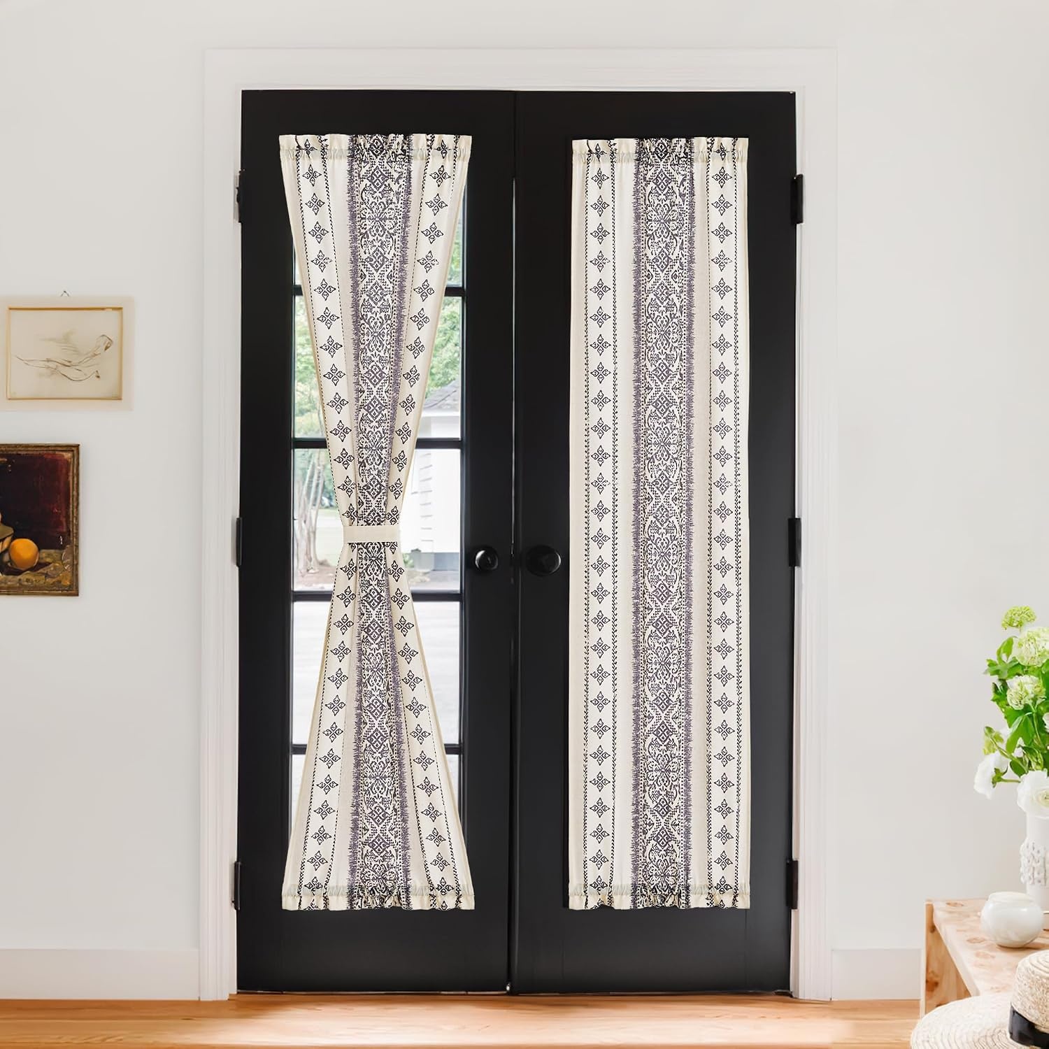 image:imageNICETOWN Natural Linen Door Curtains for Glass French Door Farmhouse Boho Window Rustic Sheer Drapes Light Filtering Rod Pocket Front Sidelight Shade Privacy Added 1 PC 35 W x 72 LNatural