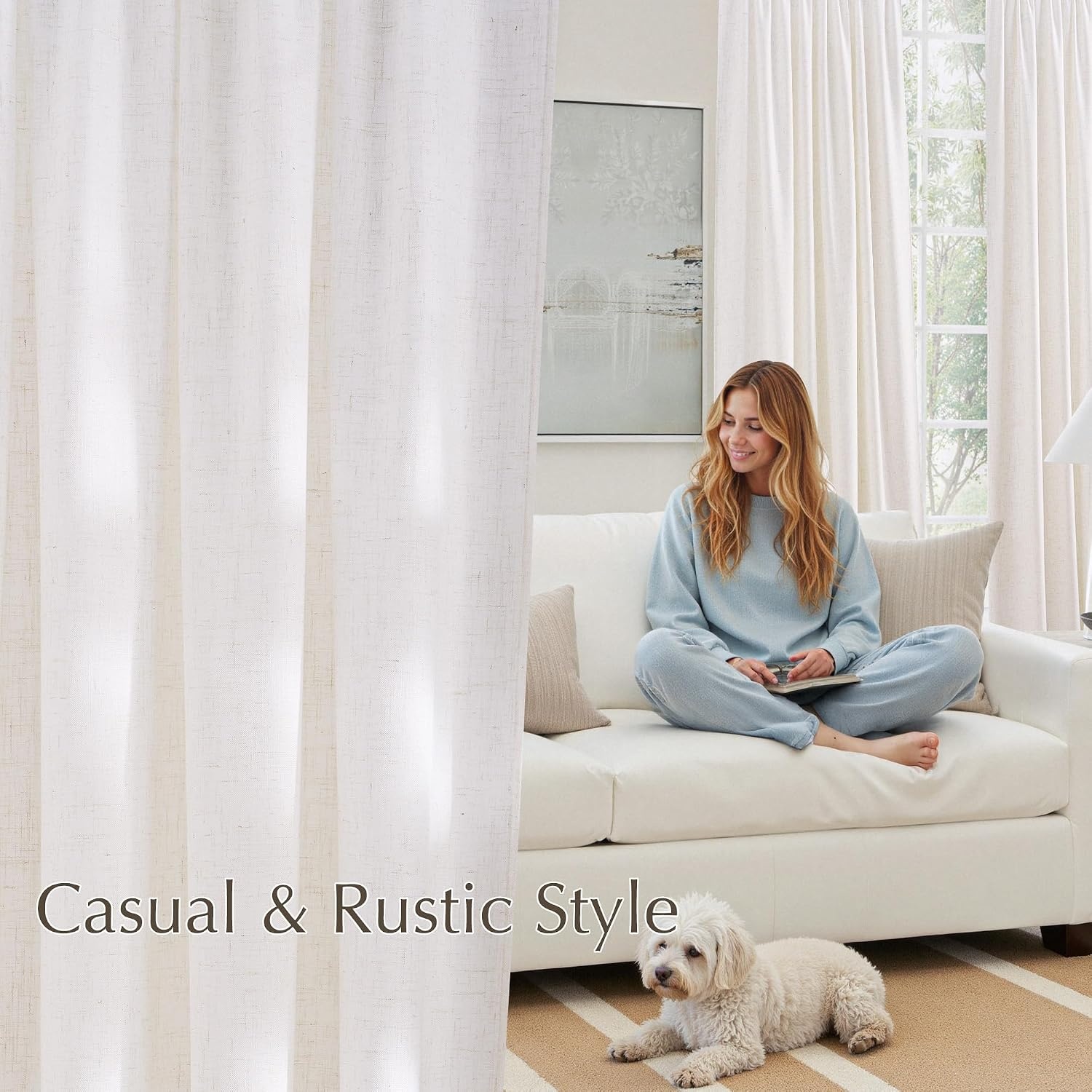 image:imageNICETOWN Natural Thick Linen Semi Sheer Curtains for Farmhouse with Blackout Bedroom Window Curtains W52 x L84 2 Panels