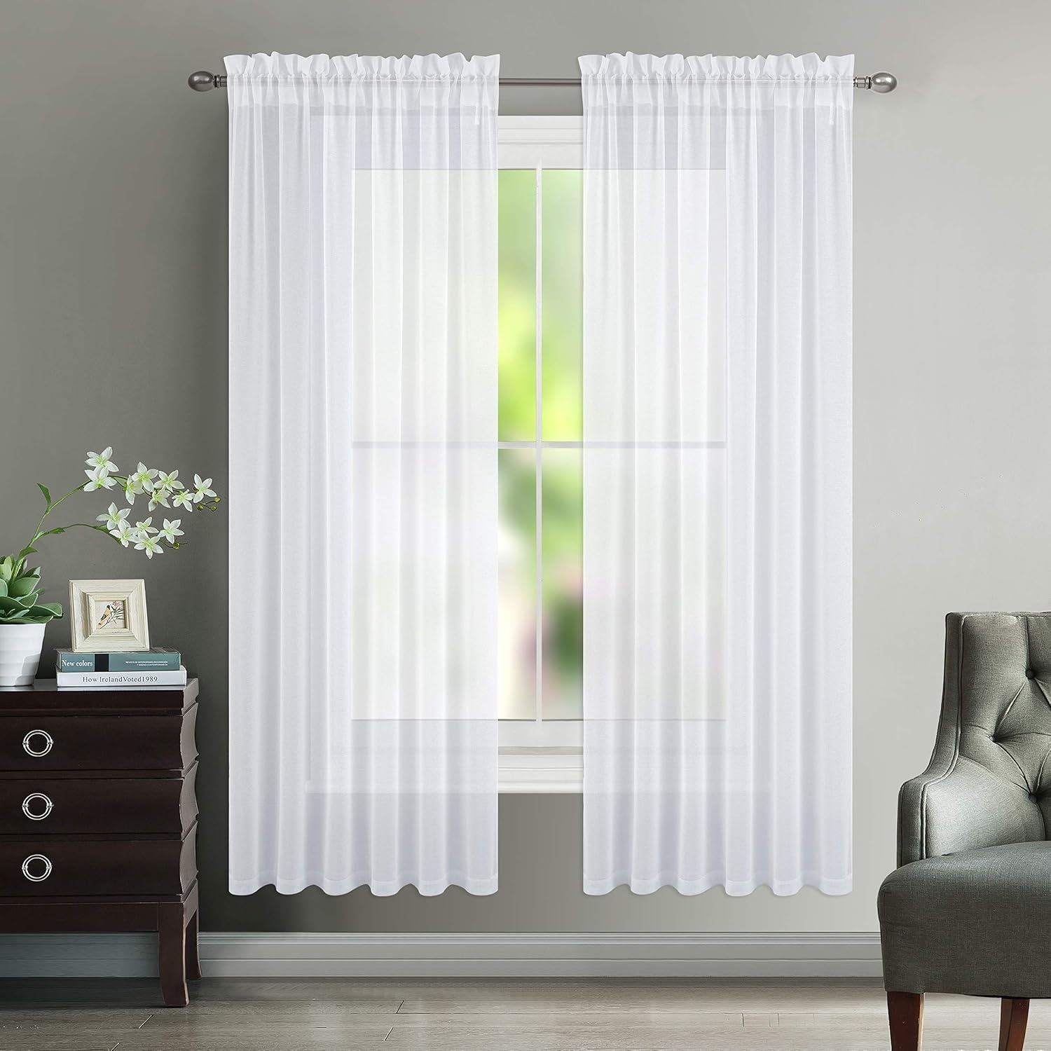image:imageNICETOWN Sheer Curtains for Hall Room Rod Pocket Faux Linen Sheer Curtains 84 inches Long for Patio Sliding Glass Door White 1 Pair 55 Wide Per PanelWhite Rod Pocket Only