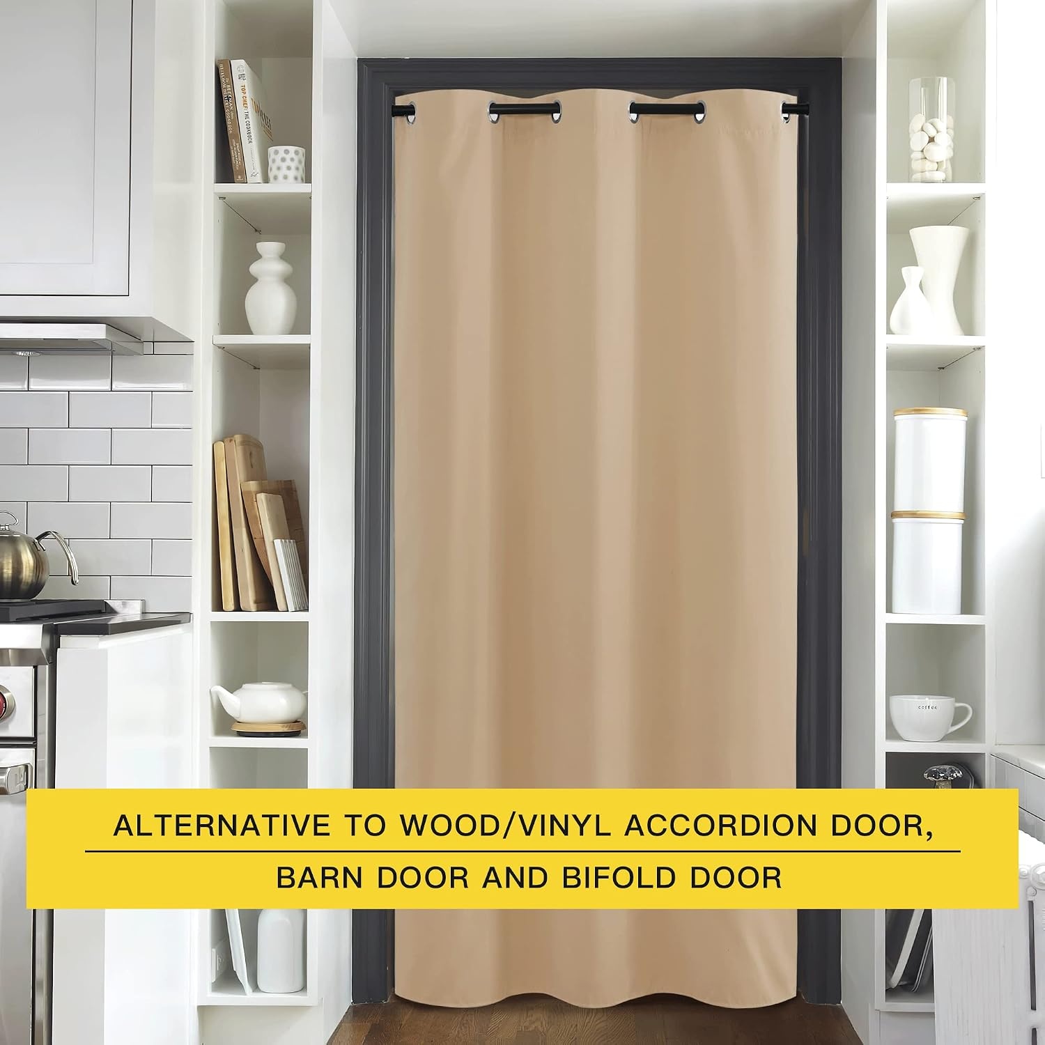 image:imageNICETOWN White 100 Blackout Linen Insulated Patio Curtain 84 inch LongBiscotti Beige