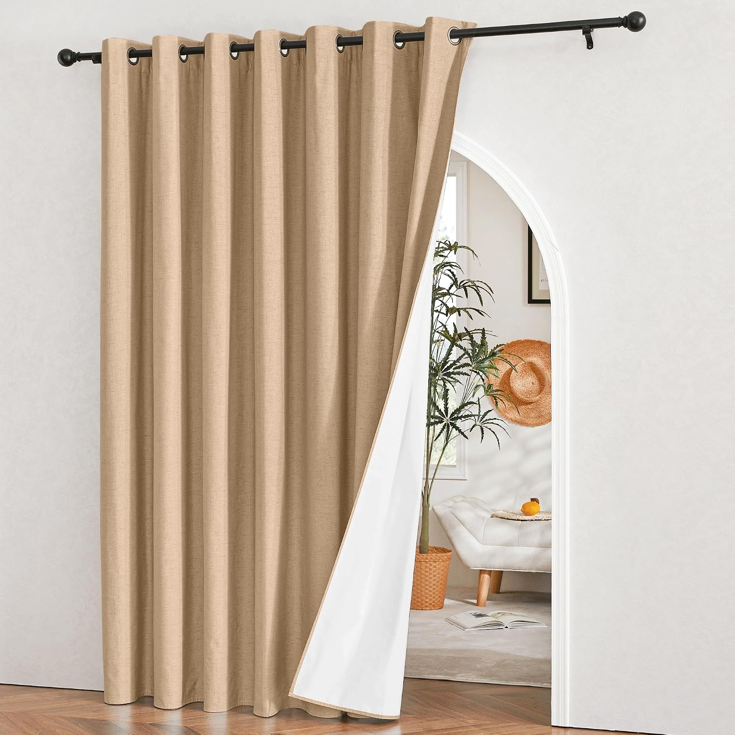 image:imageNICETOWN White 100 Blackout Linen Insulated Patio Curtain 84 inch LongCamel