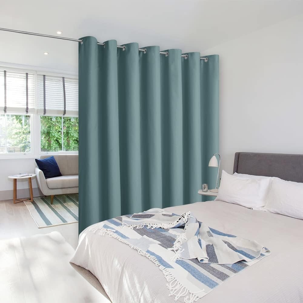 image:imageNICETOWN White 100 Blackout Linen Insulated Patio Curtain 84 inch LongGreyish Blue