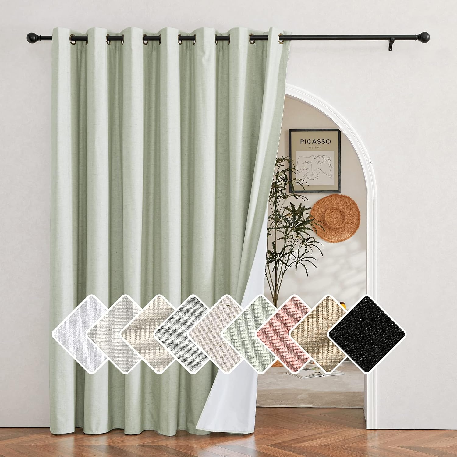 image:imageNICETOWN White 100 Blackout Linen Insulated Patio Curtain 84 inch LongLight Green
