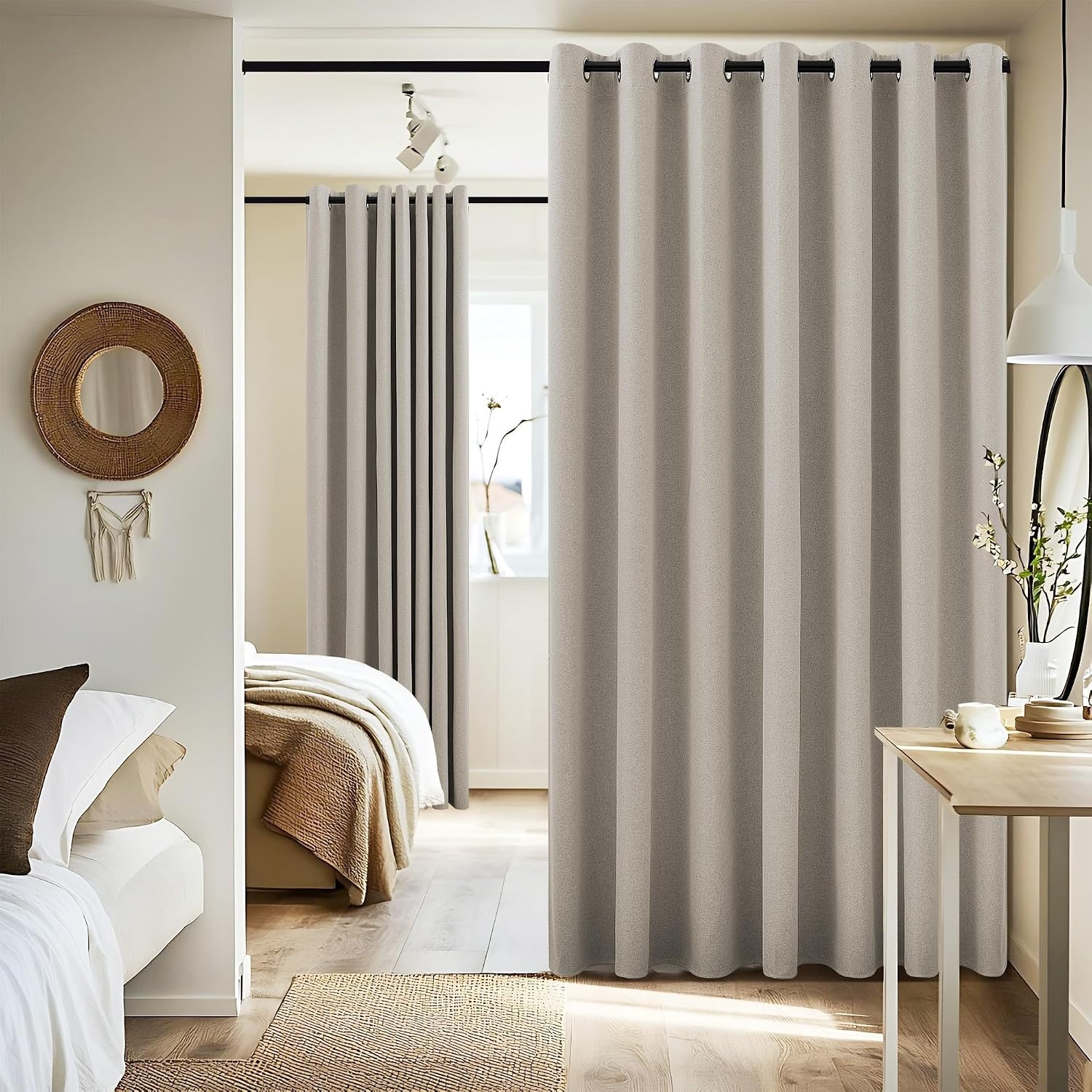 image:imageNICETOWN White 100 Blackout Linen Insulated Patio Curtain 84 inch LongNatural Beige