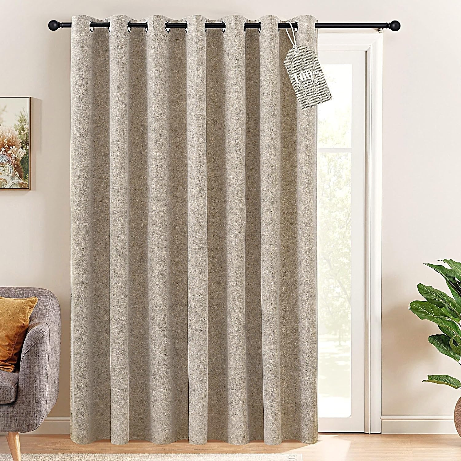 image:imageNICETOWN White 100 Blackout Linen Insulated Patio Curtain 84 inch LongNatural Beige