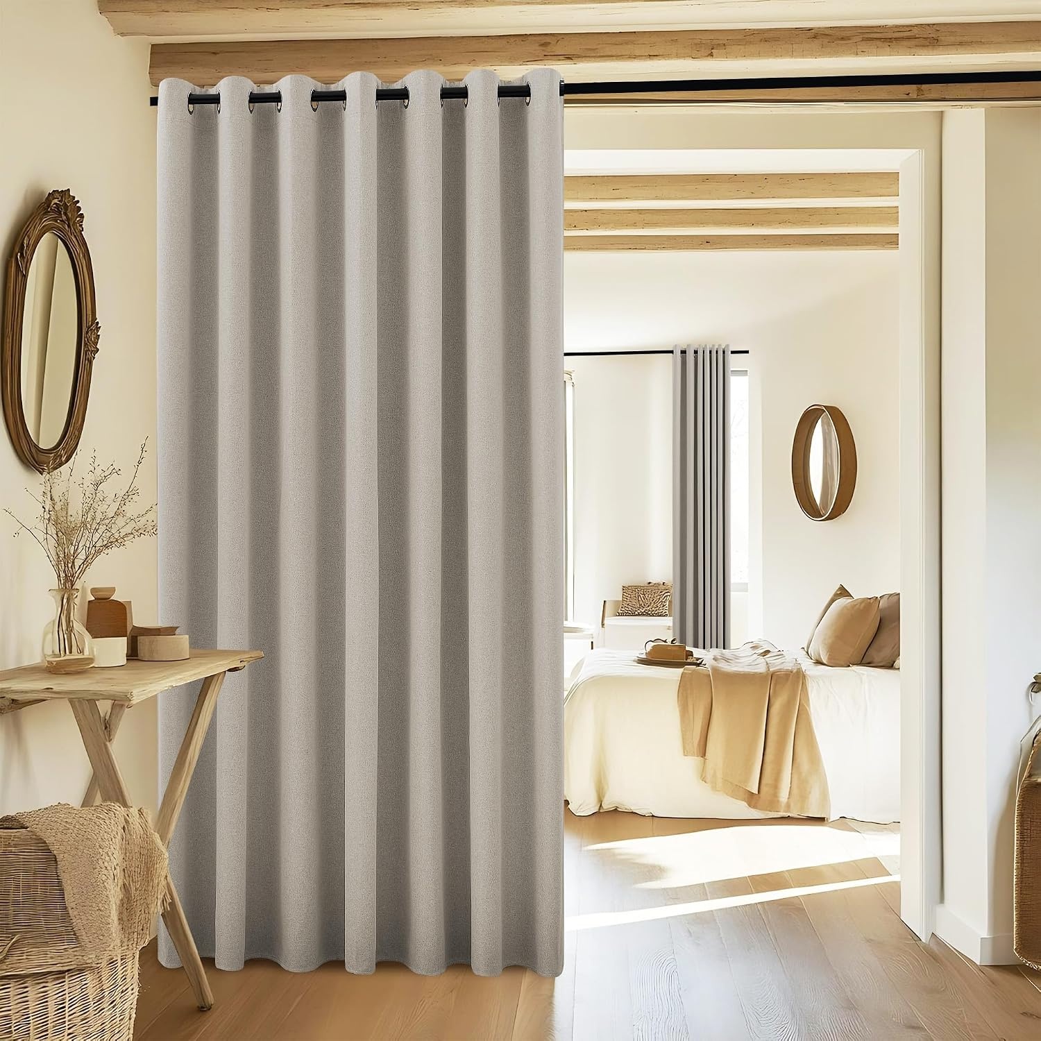 image:imageNICETOWN White 100 Blackout Linen Insulated Patio Curtain 84 inch LongNatural Beige