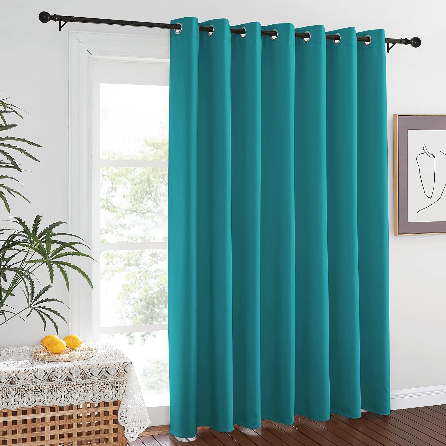 image:imageNICETOWN White 100 Blackout Linen Insulated Patio Curtain 84 inch LongPeacock Blue
