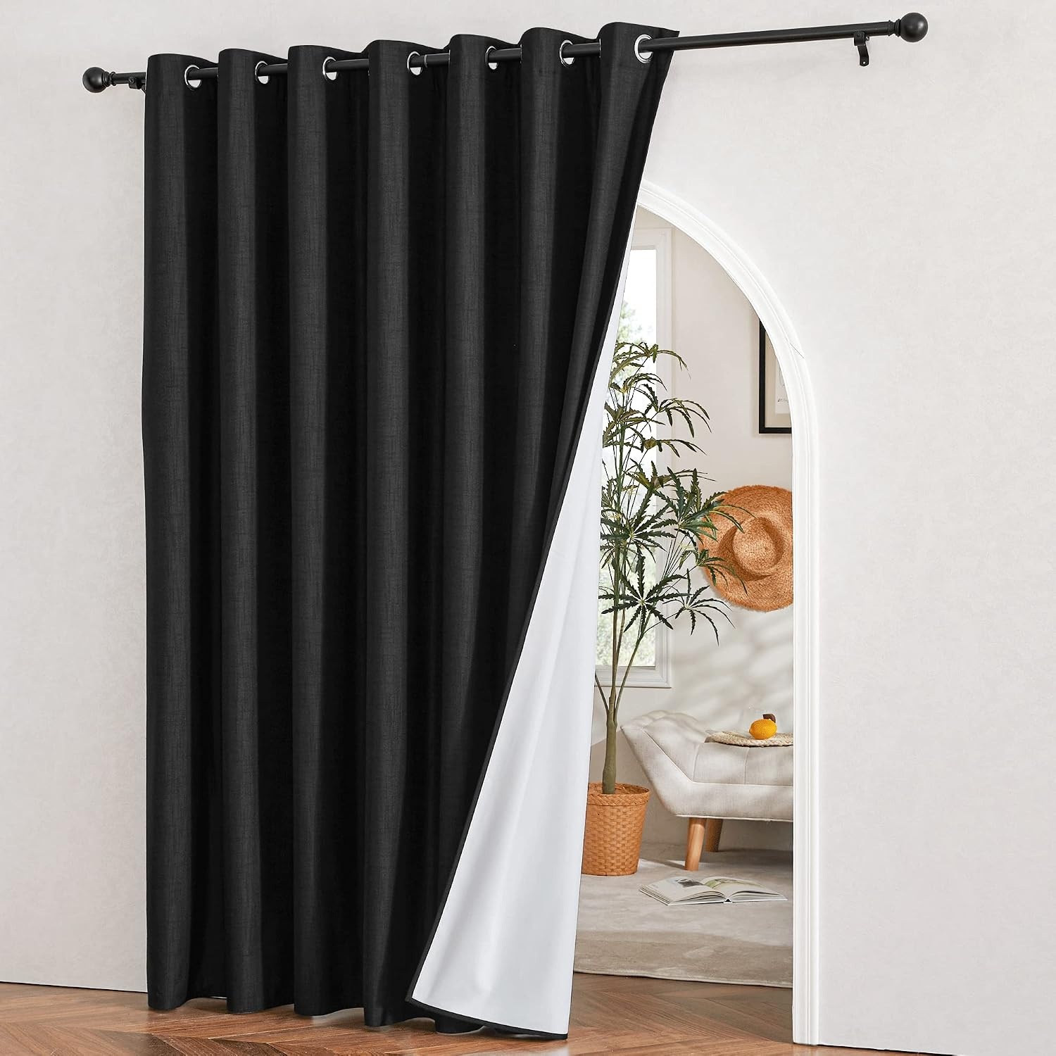 image:imageNICETOWN White 100 Blackout Linen Insulated Patio Curtain 84 inch LongPure Black