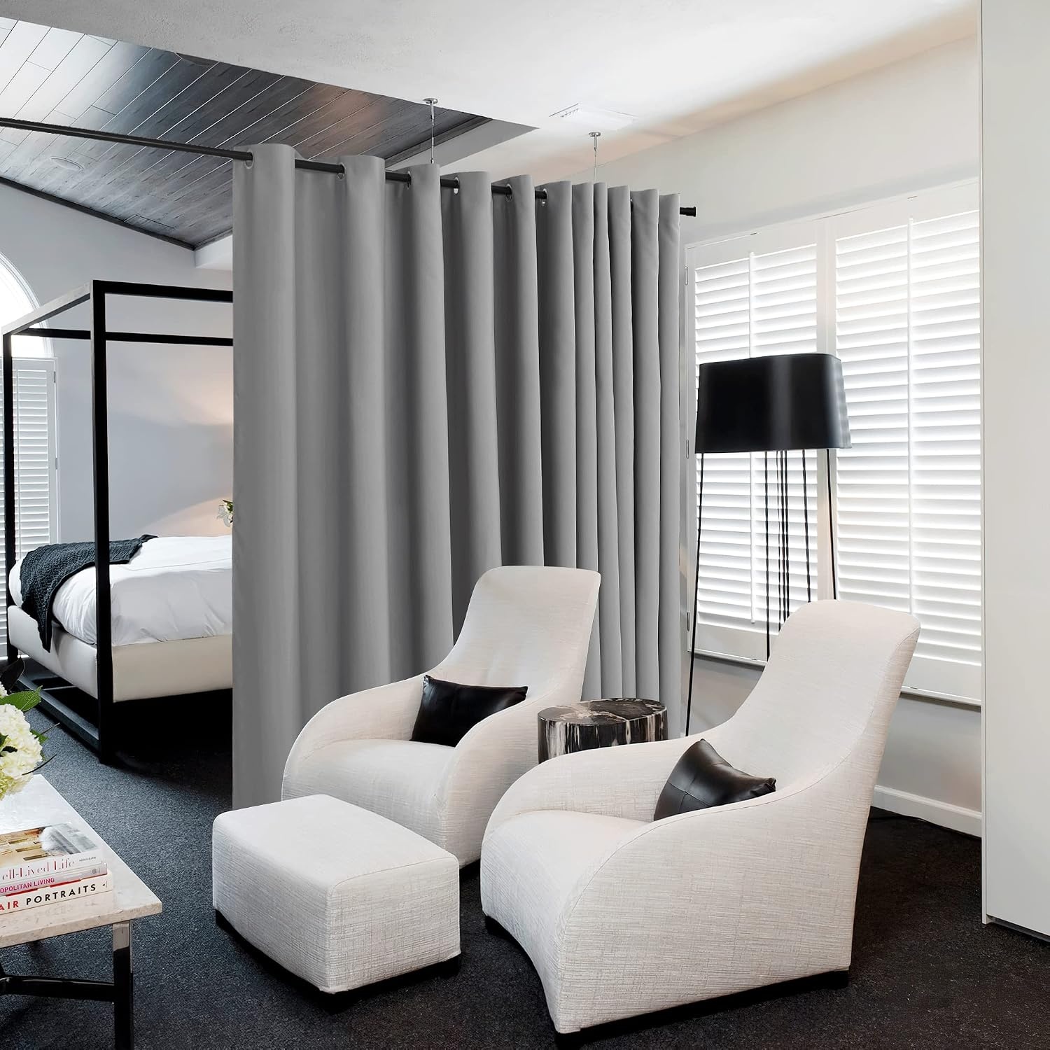 image:imageNICETOWN White 100 Blackout Linen Insulated Patio Curtain 84 inch LongSilver Grey