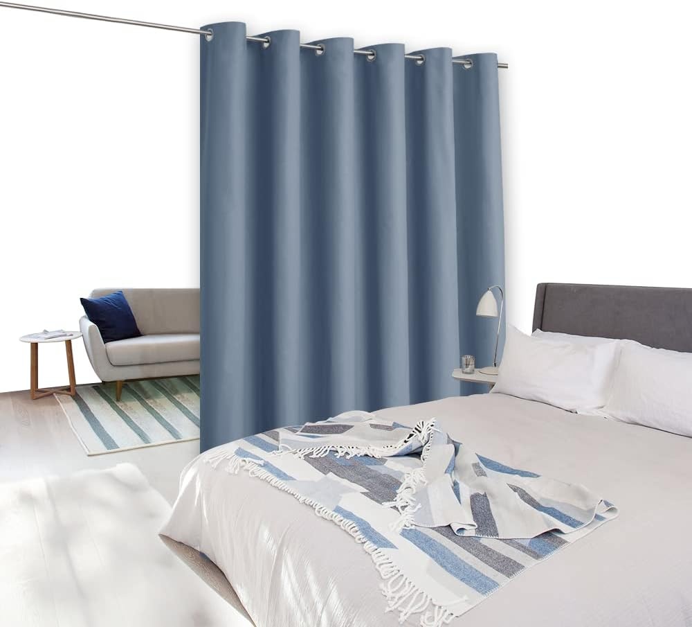 image:imageNICETOWN White 100 Blackout Linen Insulated Patio Curtain 84 inch LongStone Blue