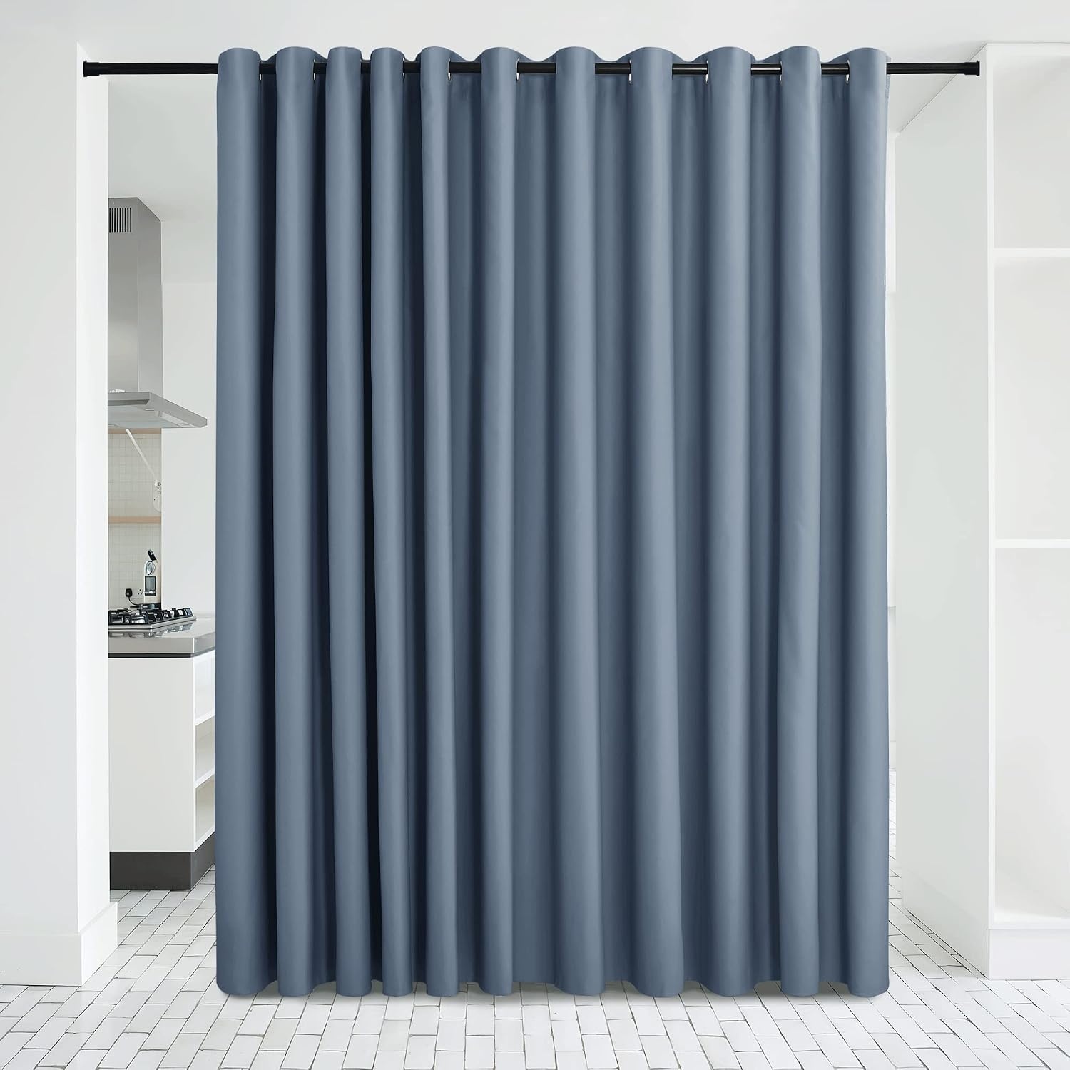 image:imageNICETOWN White 100 Blackout Linen Insulated Patio Curtain 84 inch LongStone Blue