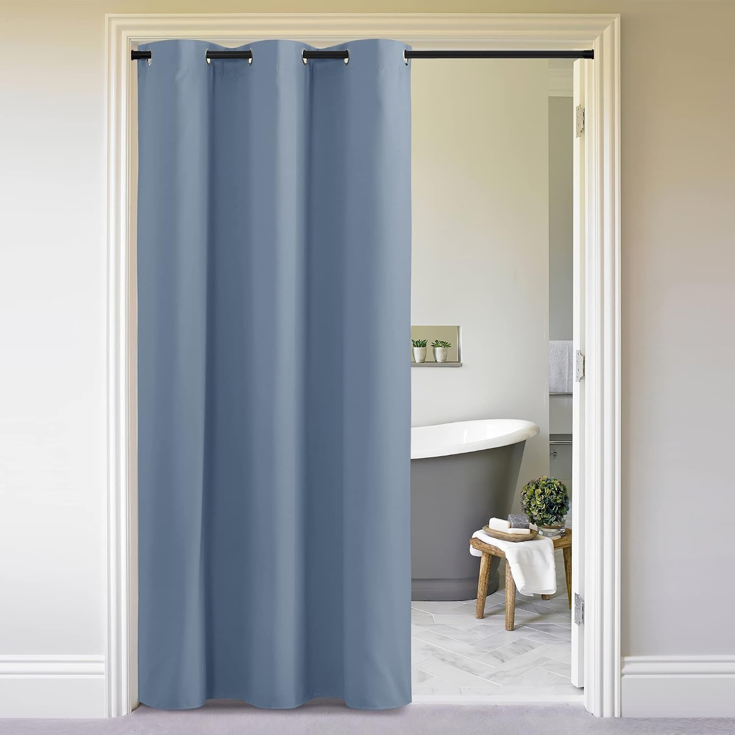 image:imageNICETOWN White 100 Blackout Linen Insulated Patio Curtain 84 inch LongStone Blue
