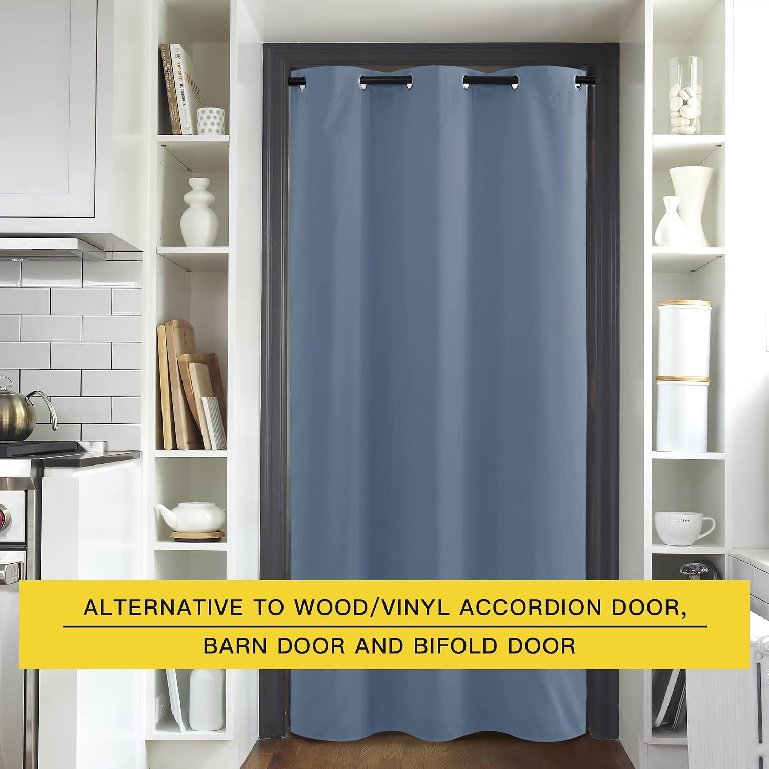 image:imageNICETOWN White 100 Blackout Linen Insulated Patio Curtain 84 inch LongStone Blue