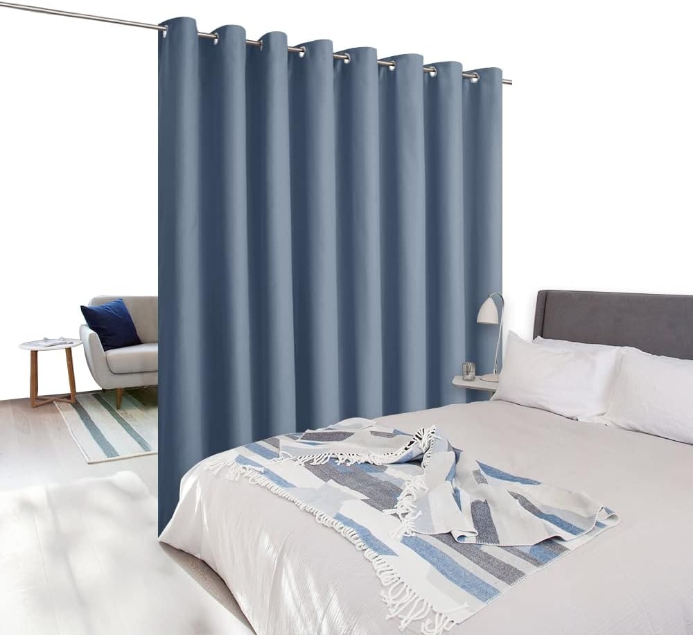 image:imageNICETOWN White 100 Blackout Linen Insulated Patio Curtain 84 inch LongStone Blue