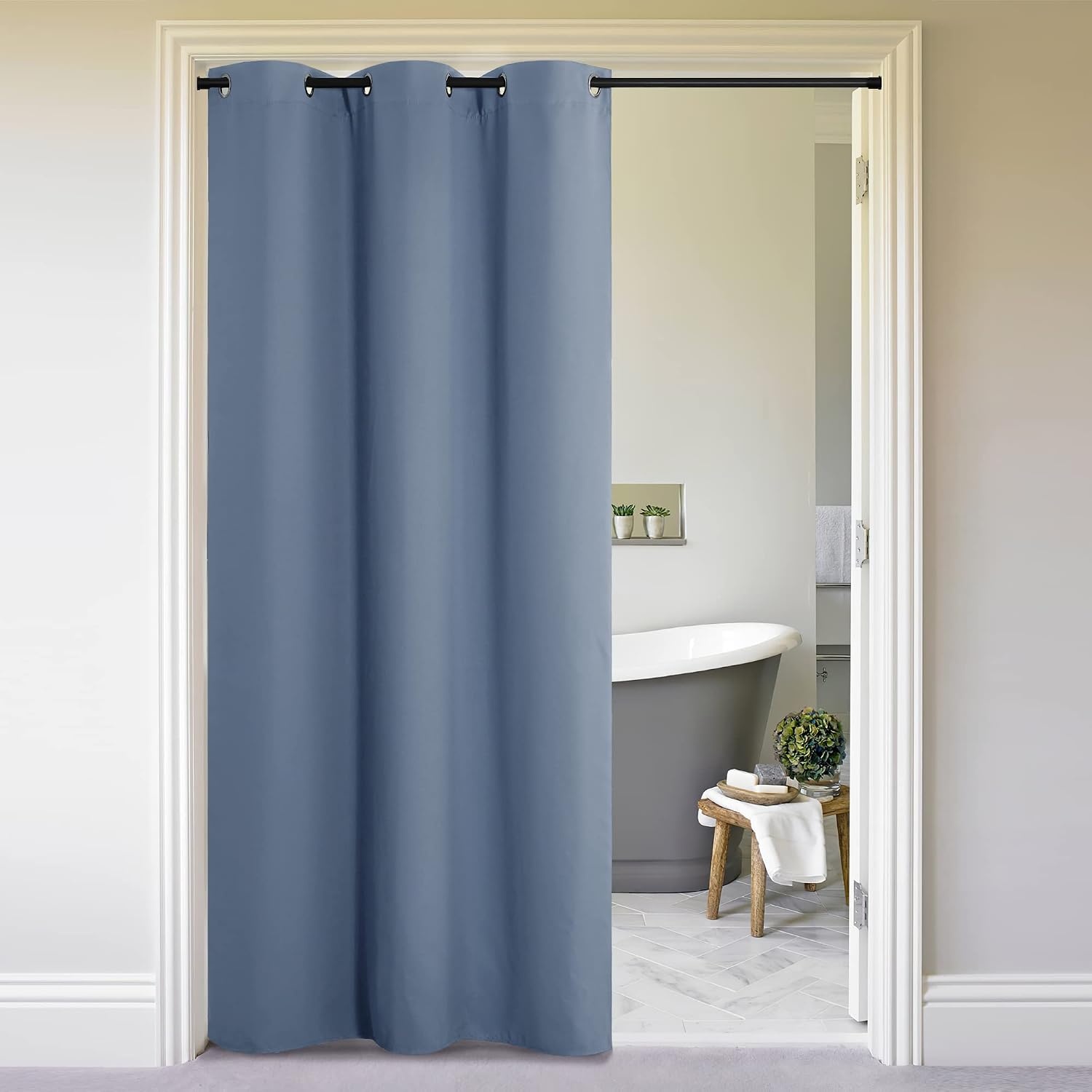 image:imageNICETOWN White 100 Blackout Linen Insulated Patio Curtain 84 inch LongStone Blue