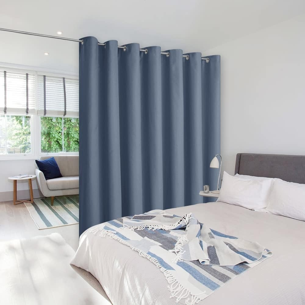 image:imageNICETOWN White 100 Blackout Linen Insulated Patio Curtain 84 inch LongStone Blue