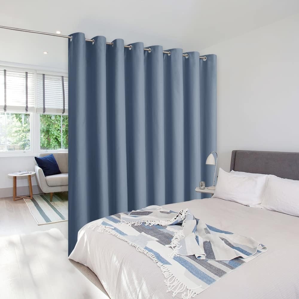 image:imageNICETOWN White 100 Blackout Linen Insulated Patio Curtain 84 inch LongStone Blue