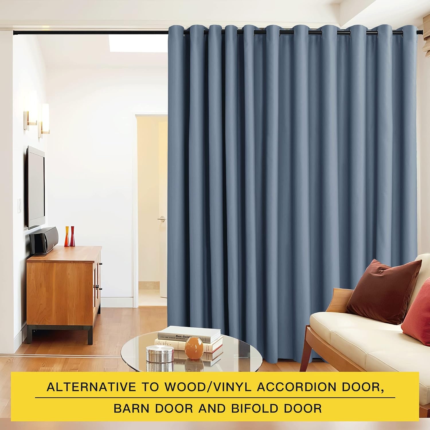 image:imageNICETOWN White 100 Blackout Linen Insulated Patio Curtain 84 inch LongStone Blue