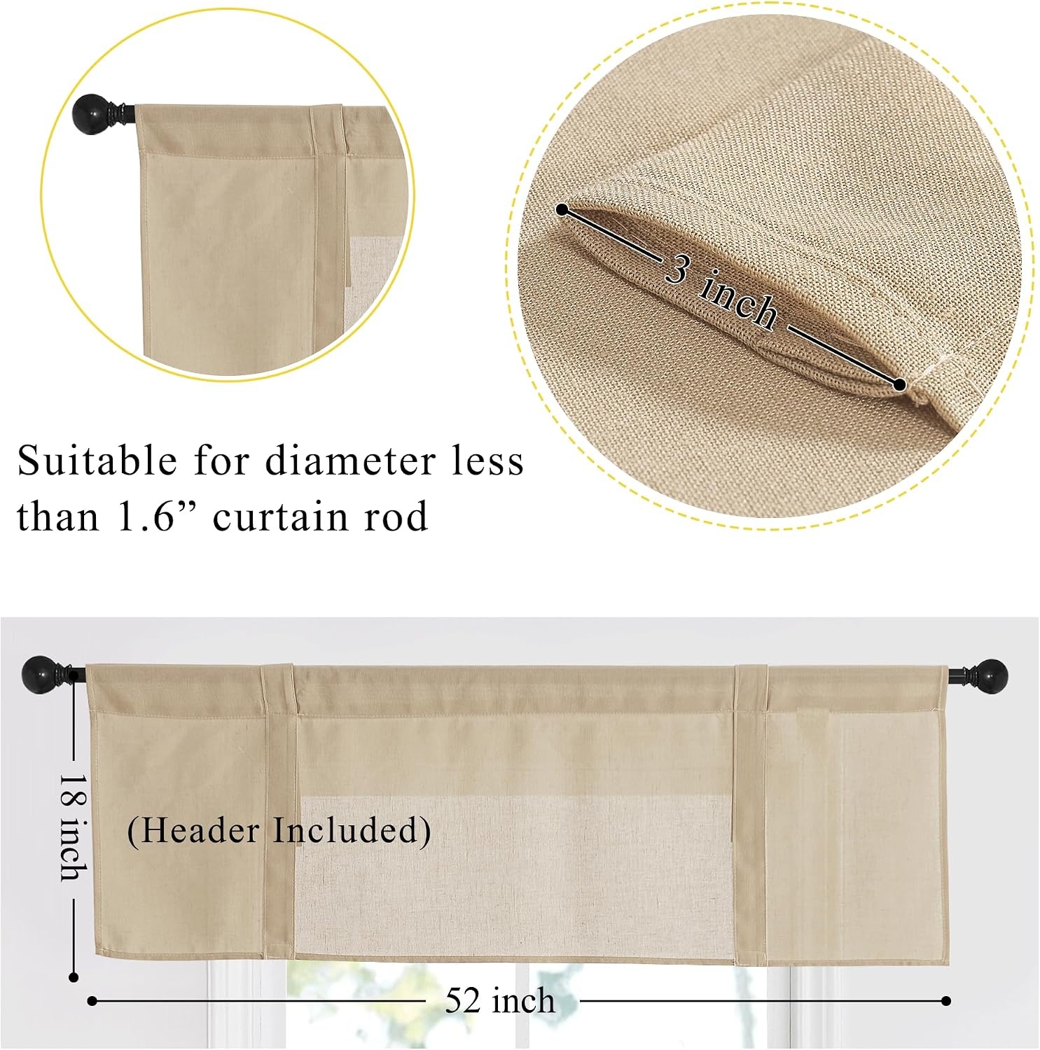 image:imageNICETOWN Window Toppers Valances Linen Sheer Valances Pleated Rod Pocket 52 x 18 inche Long Window Covering for Kitchen Kids Room Short Drapes Living Room Bedroom Bathroom Decor 4 Panels AngoraAngora