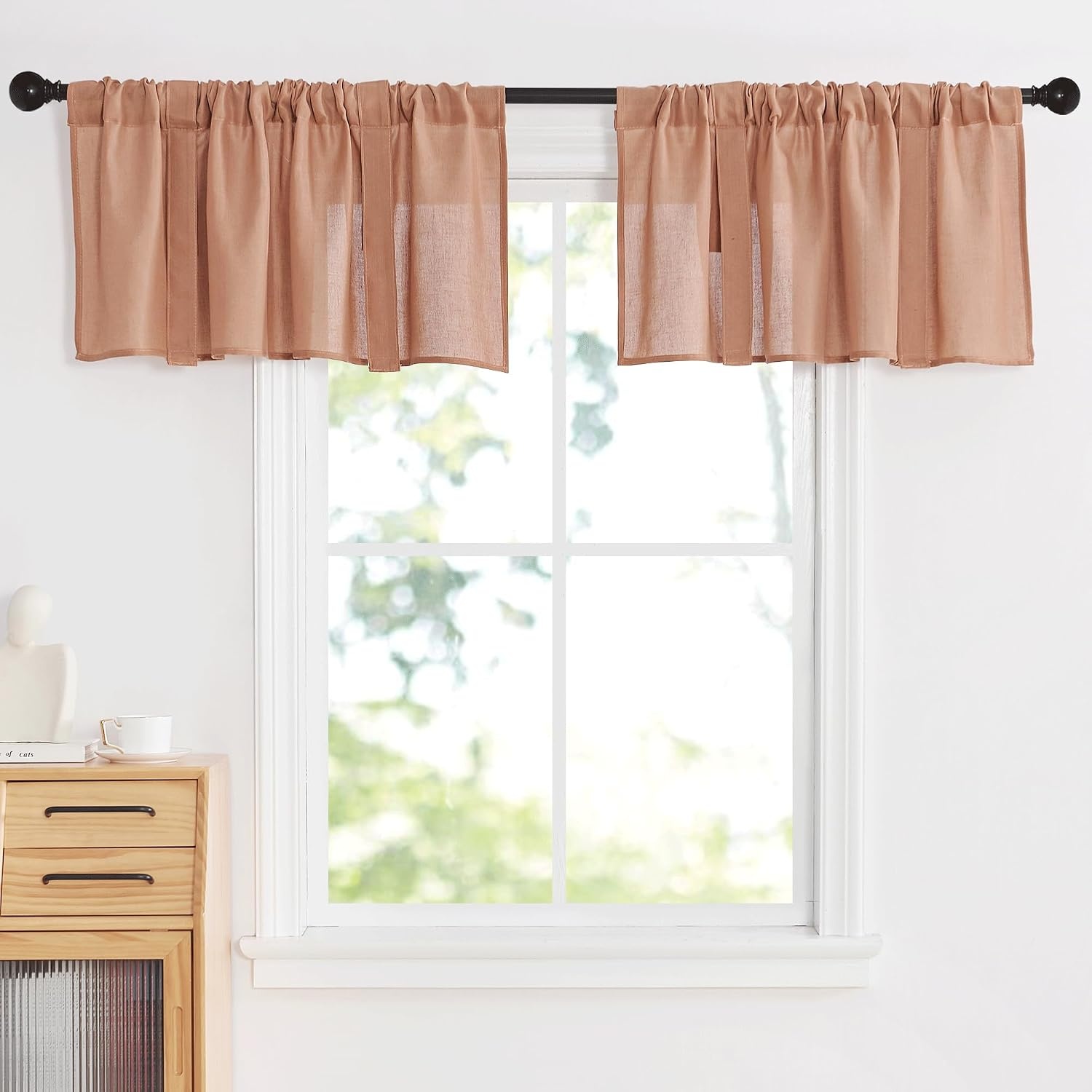 image:imageNICETOWN Window Toppers Valances Linen Sheer Valances Pleated Rod Pocket 52 x 18 inche Long Window Covering for Kitchen Kids Room Short Drapes Living Room Bedroom Bathroom Decor 4 Panels AngoraTerracotta