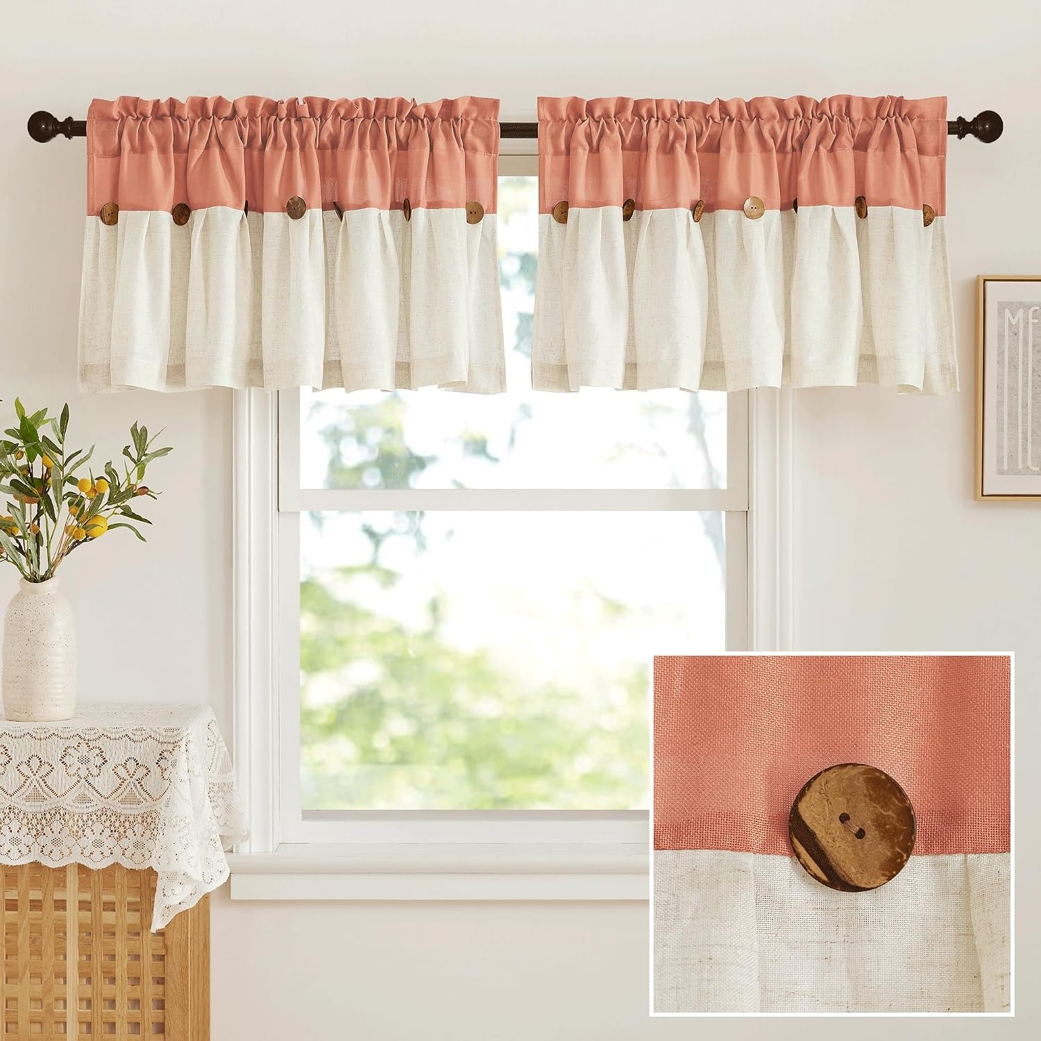 image:imageNICETOWN Window Toppers Valances Linen Sheer Valances Pleated Rod Pocket 52 x 18 inche Long Window Covering for Kitchen Kids Room Short Drapes Living Room Bedroom Bathroom Decor 4 Panels AngoraTerracotta