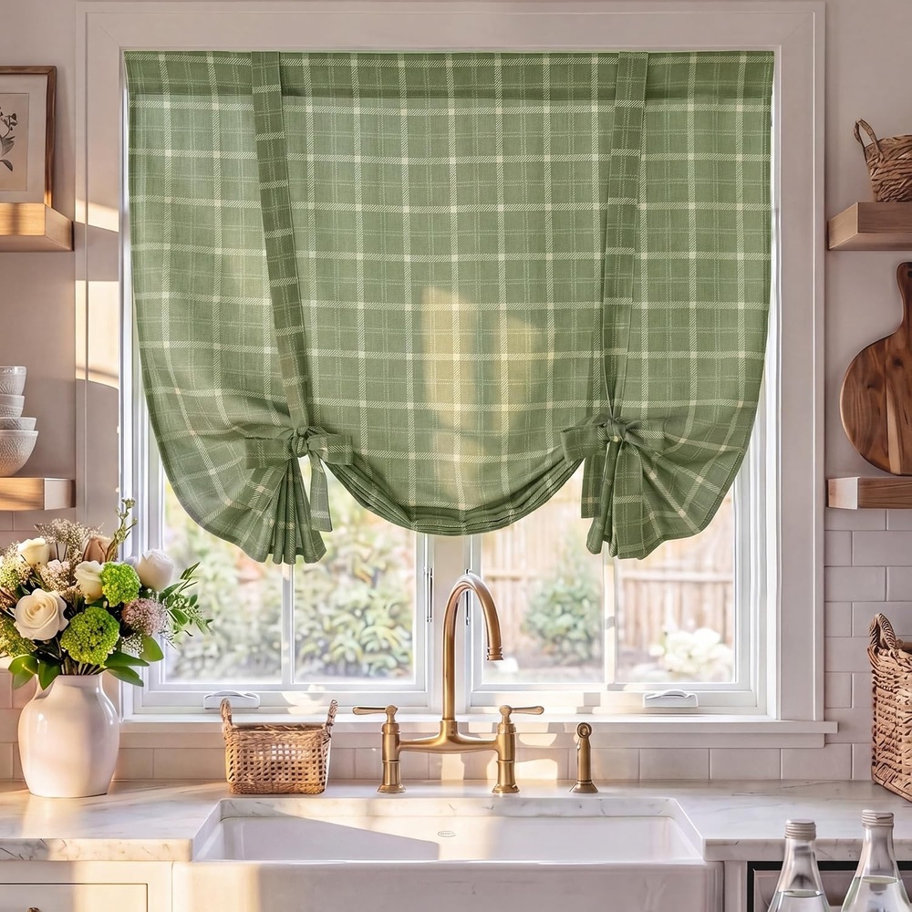 image:imageNICETOWN Balloon Curtains for Windows Plaid Patern Linen Blend Roman Shades W46 x L63 in Vintage Farmhouse Style Kitchen Curtains Length Adjustable Tie up Curtains for Bathroom 1 Panel TaupeLayer Plaid  Green