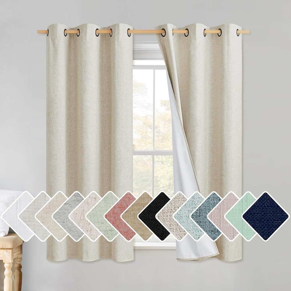image:imageNICETOWN Natural Linen Complete Blackout Curtain 54 inches for Kids Room 1 Panel Thermal Insulated amp Noise Reducing Window Draperies with White Liner Noise Reducing Short DrapeNatural