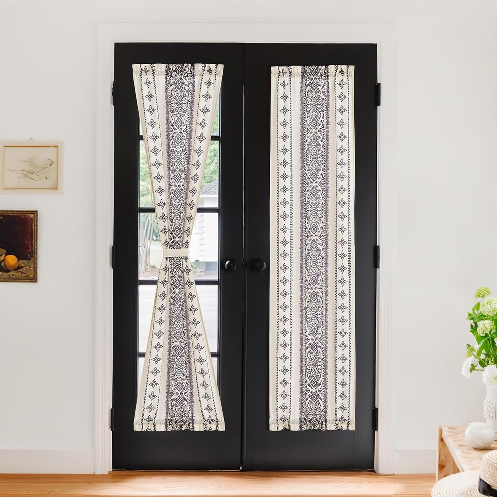 image:imageNICETOWN Natural Linen Door Curtains for Glass French Door Farmhouse Boho Window Rustic Sheer Drapes Light Filtering Rod Pocket Front Sidelight Shade Privacy Added 1 PC 35 W x 72 LGreyish White