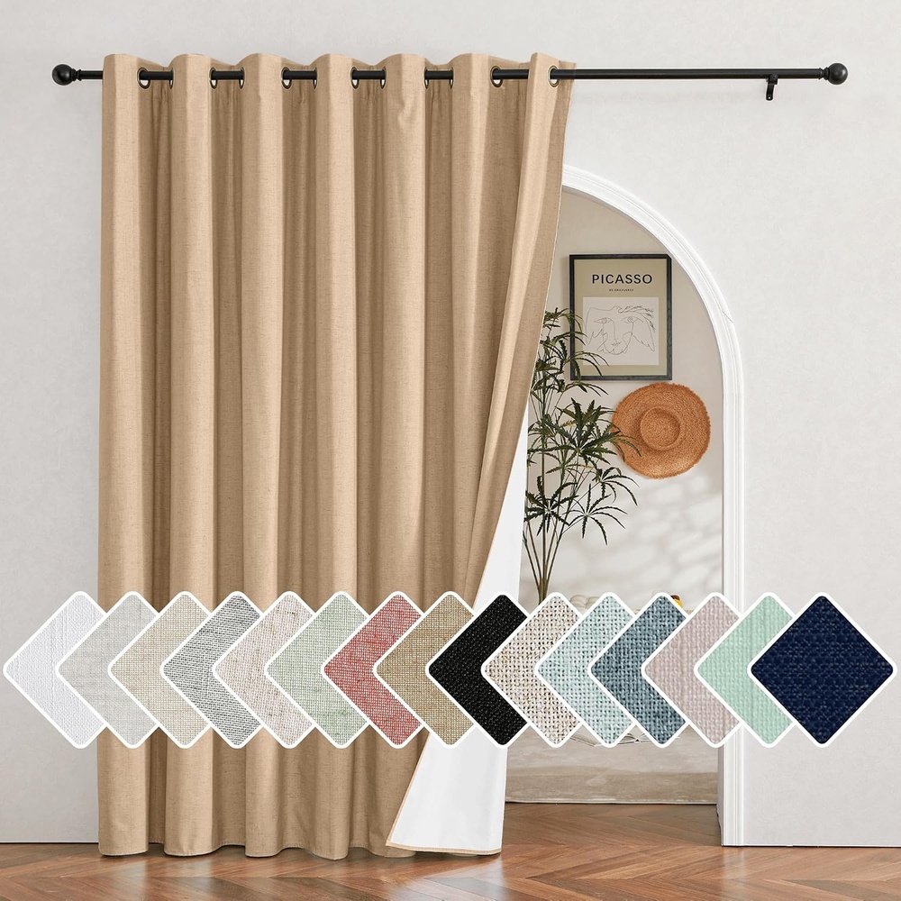 image:imageNICETOWN White 100 Blackout Linen Insulated Patio Curtain 84 inch LongCamel