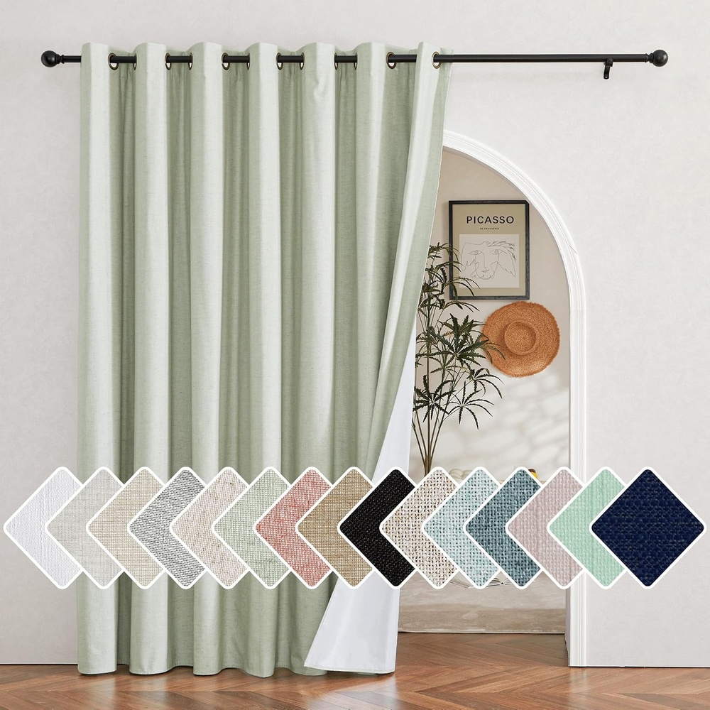 image:imageNICETOWN White 100 Blackout Linen Insulated Patio Curtain 84 inch LongLight Green