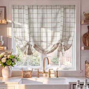 NICETOWN Balloon Curtains for Windows Plaid Patern, Linen Blend Roman Shades W46 x L63 in, Vintage Farmhouse Style Kitchen Curtains Length Adjustable, Tie up Curtains for Bathroom, 1 Panel, Taupe(Twill Check | White)