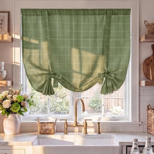 NICETOWN Balloon Curtains for Windows Plaid Patern, Linen Blend Roman Shades W46 x L63 in, Vintage Farmhouse Style Kitchen Curtains Length Adjustable, Tie up Curtains for Bathroom, 1 Panel, Taupe(Twill Check | Green)