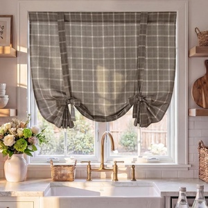 NICETOWN Balloon Curtains for Windows Plaid Patern, Linen Blend Roman Shades W46 x L63 in, Vintage Farmhouse Style Kitchen Curtains Length Adjustable, Tie up Curtains for Bathroom, 1 Panel, Taupe(Layer Plaid | Taupe)