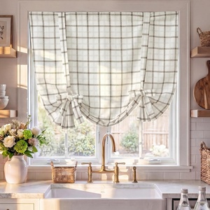 NICETOWN Balloon Curtains for Windows Plaid Patern, Linen Blend Roman Shades W46 x L63 in, Vintage Farmhouse Style Kitchen Curtains Length Adjustable, Tie up Curtains for Bathroom, 1 Panel, Taupe(Layer Plaid | Off White)
