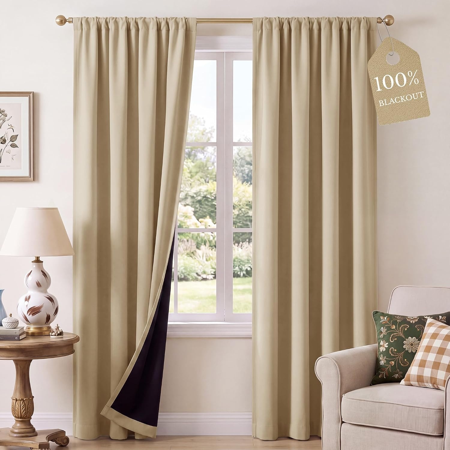 image:imageNICETOWN 100 Blackout Sage Green Curtains for Nursery Rod Pocket Thermal Drapes Room Darkening Window Treatment for Kids Room W52 x L54 2 PanelsBiscotti Beige