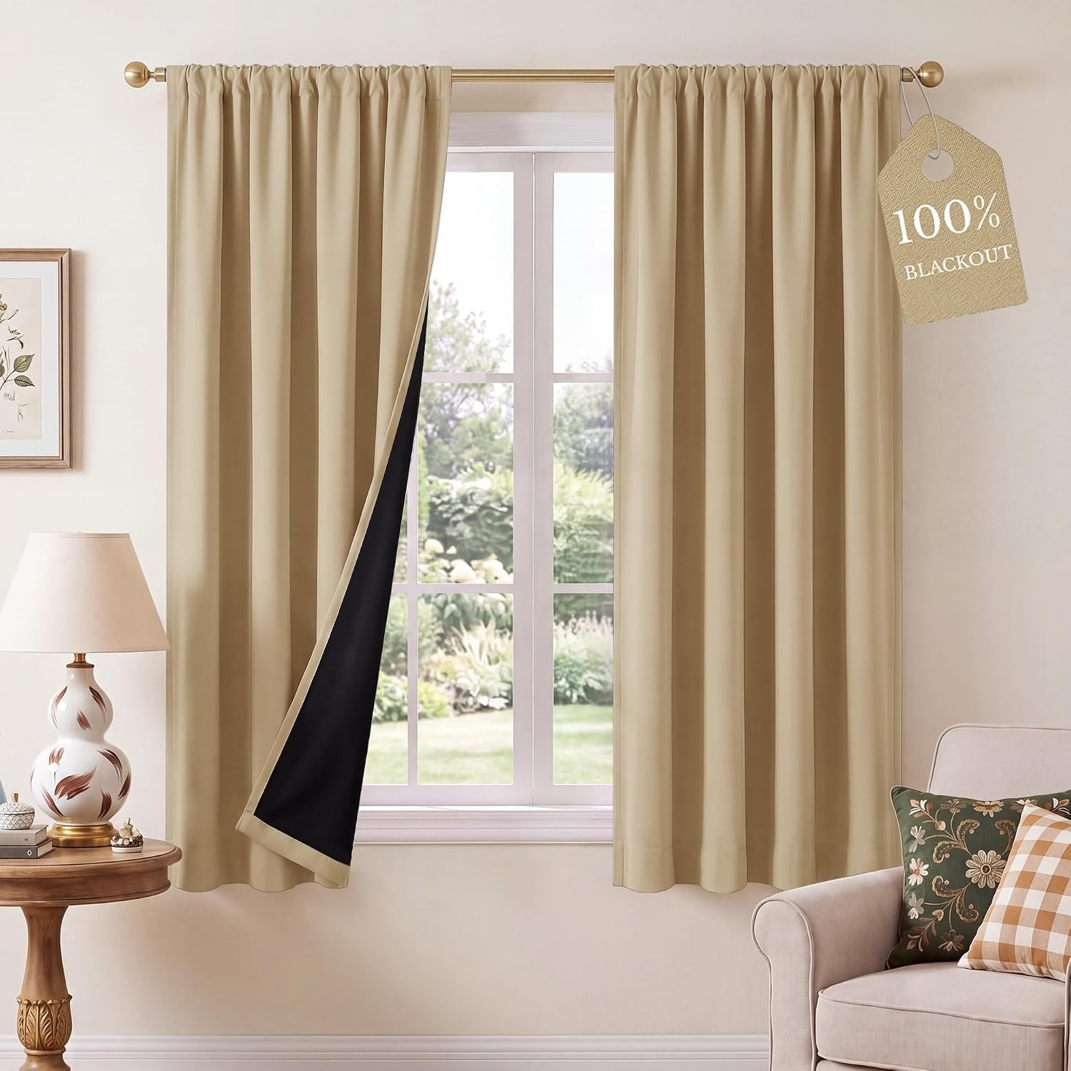 image:imageNICETOWN 100 Blackout Sage Green Curtains for Nursery Rod Pocket Thermal Drapes Room Darkening Window Treatment for Kids Room W52 x L54 2 PanelsBiscotti Beige