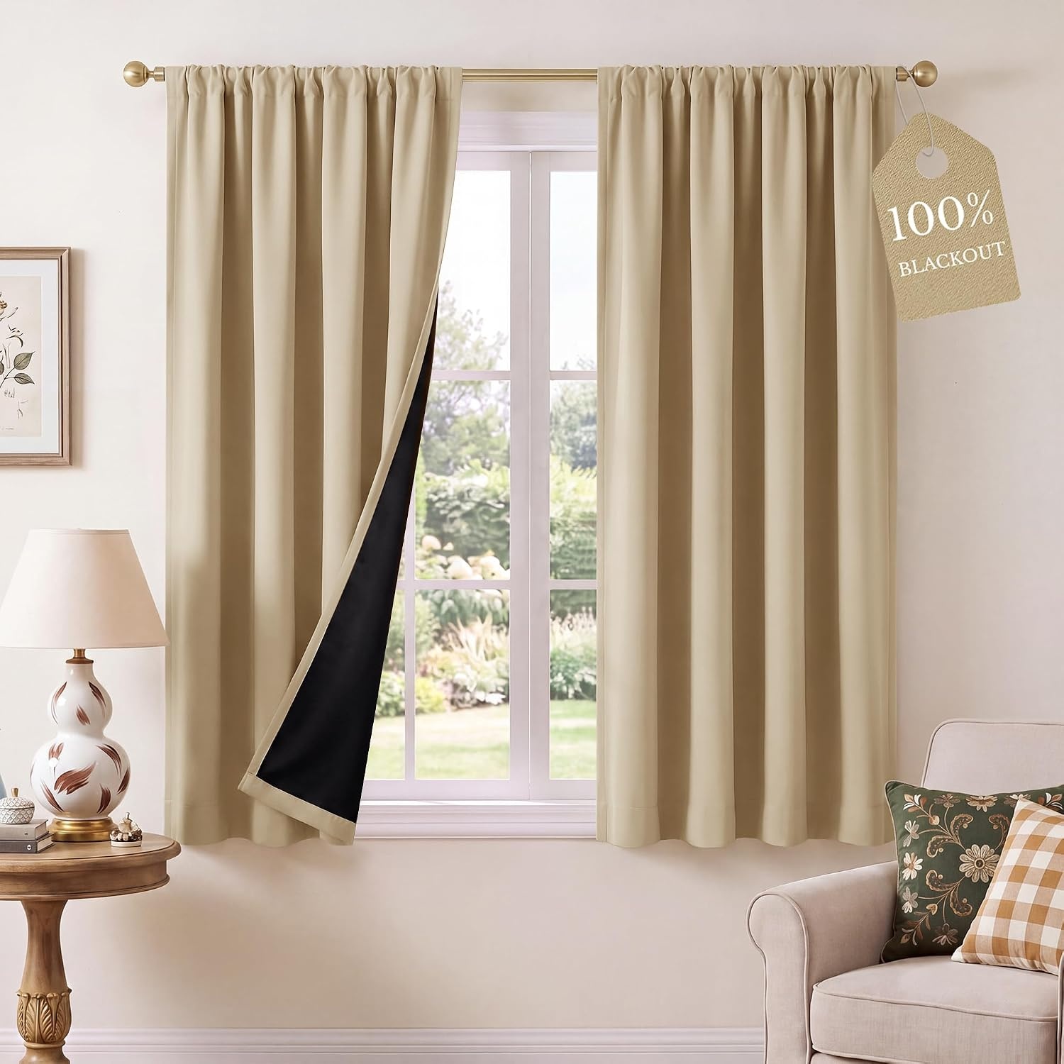 image:imageNICETOWN 100 Blackout Sage Green Curtains for Nursery Rod Pocket Thermal Drapes Room Darkening Window Treatment for Kids Room W52 x L54 2 PanelsBiscotti Beige