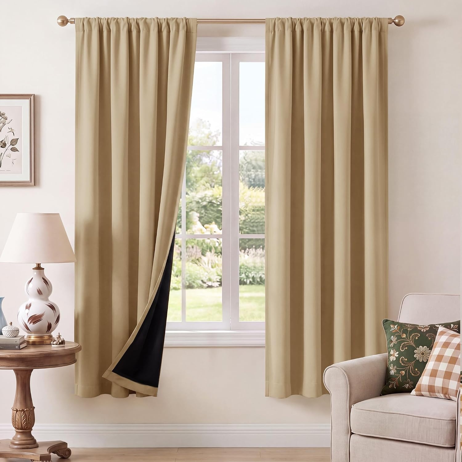 image:imageNICETOWN 100 Blackout Sage Green Curtains for Nursery Rod Pocket Thermal Drapes Room Darkening Window Treatment for Kids Room W52 x L54 2 PanelsBiscotti Beige