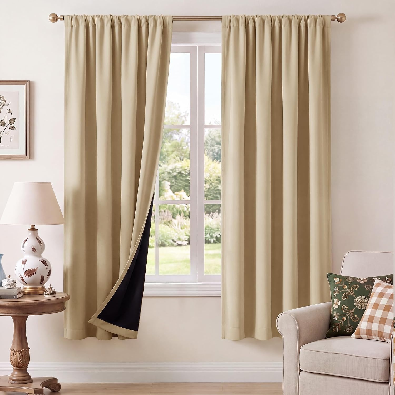 image:imageNICETOWN 100 Blackout Sage Green Curtains for Nursery Rod Pocket Thermal Drapes Room Darkening Window Treatment for Kids Room W52 x L54 2 PanelsBiscotti Beige