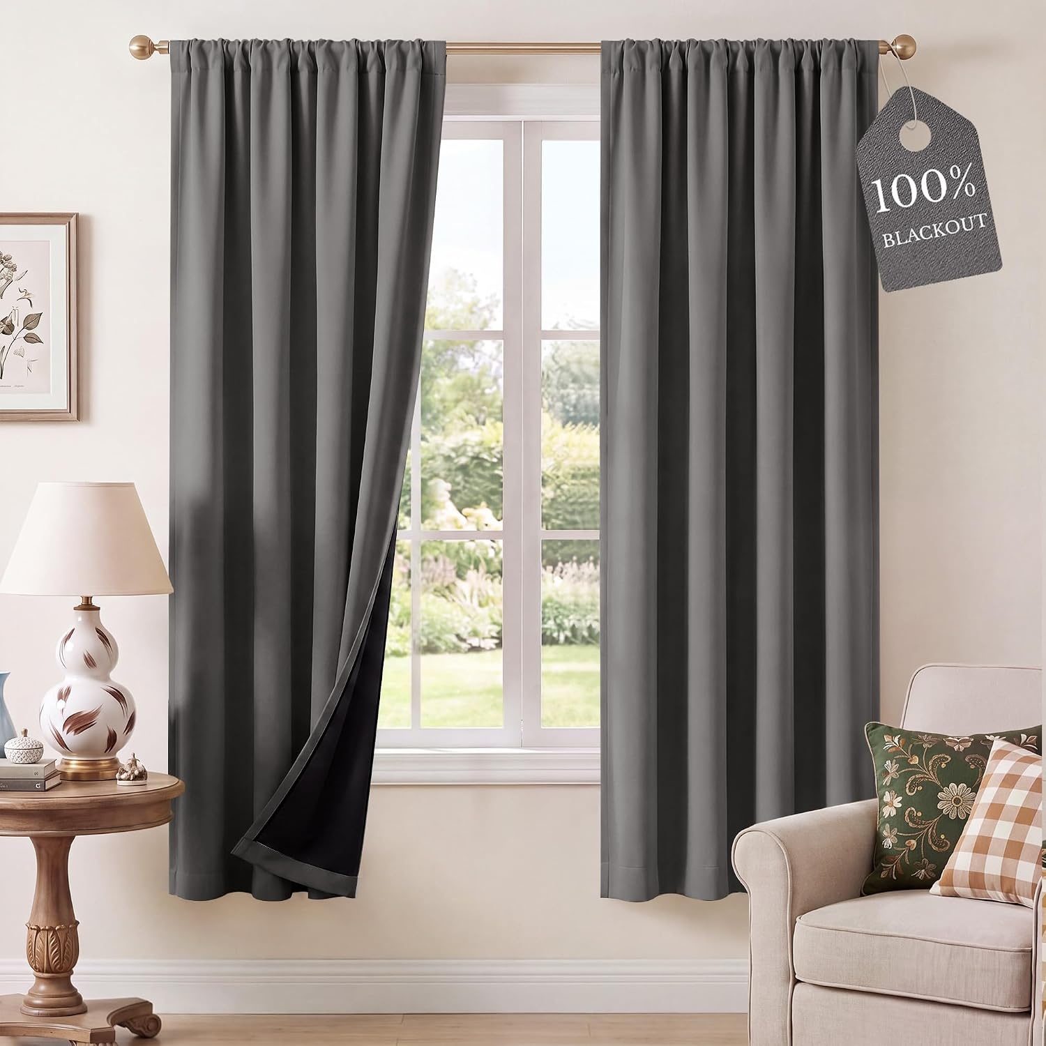 image:imageNICETOWN 100 Blackout Sage Green Curtains for Nursery Rod Pocket Thermal Drapes Room Darkening Window Treatment for Kids Room W52 x L54 2 PanelsGrey