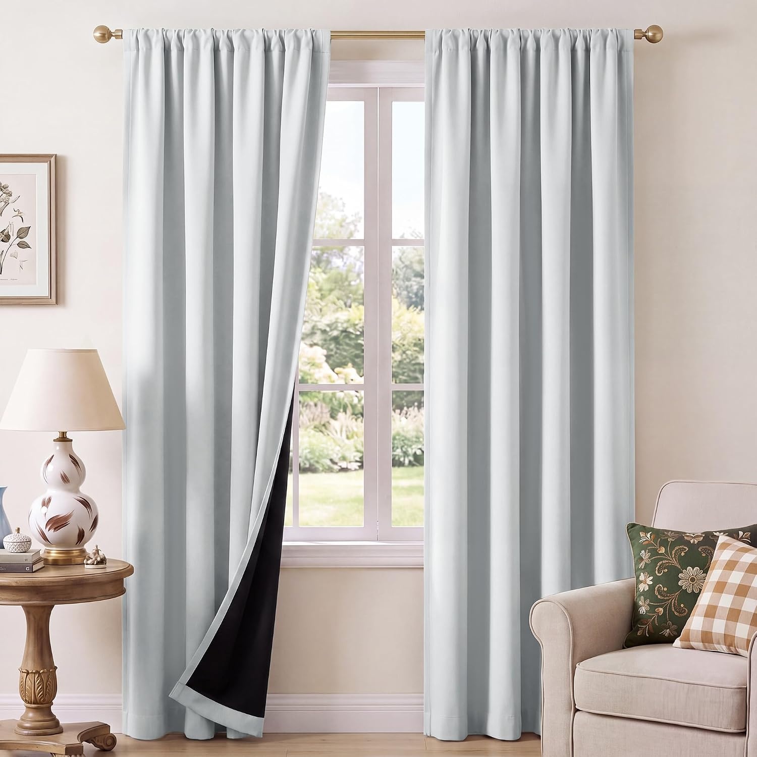 image:imageNICETOWN 100 Blackout Sage Green Curtains for Nursery Rod Pocket Thermal Drapes Room Darkening Window Treatment for Kids Room W52 x L54 2 PanelsGreyish White