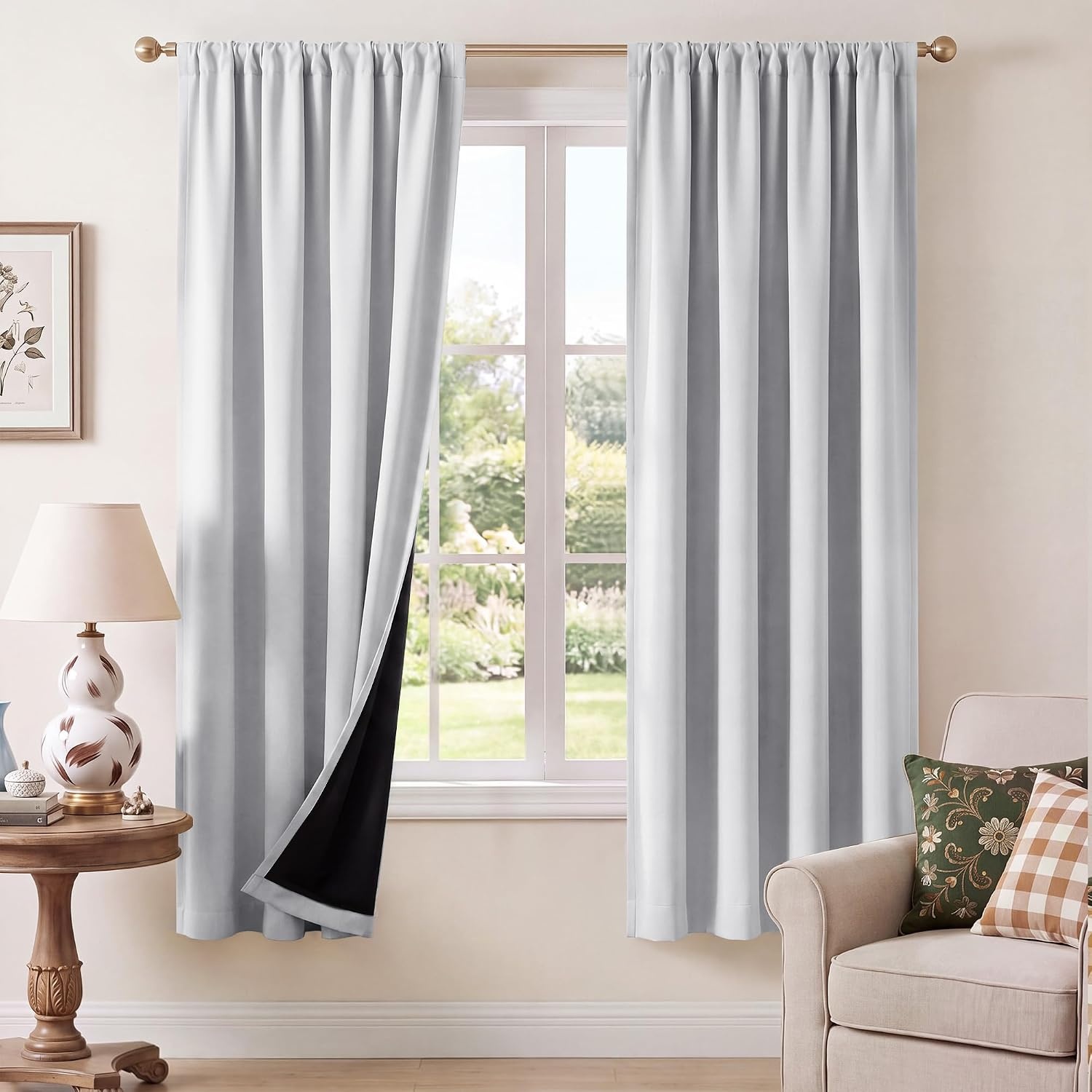 image:imageNICETOWN 100 Blackout Sage Green Curtains for Nursery Rod Pocket Thermal Drapes Room Darkening Window Treatment for Kids Room W52 x L54 2 PanelsGreyish White