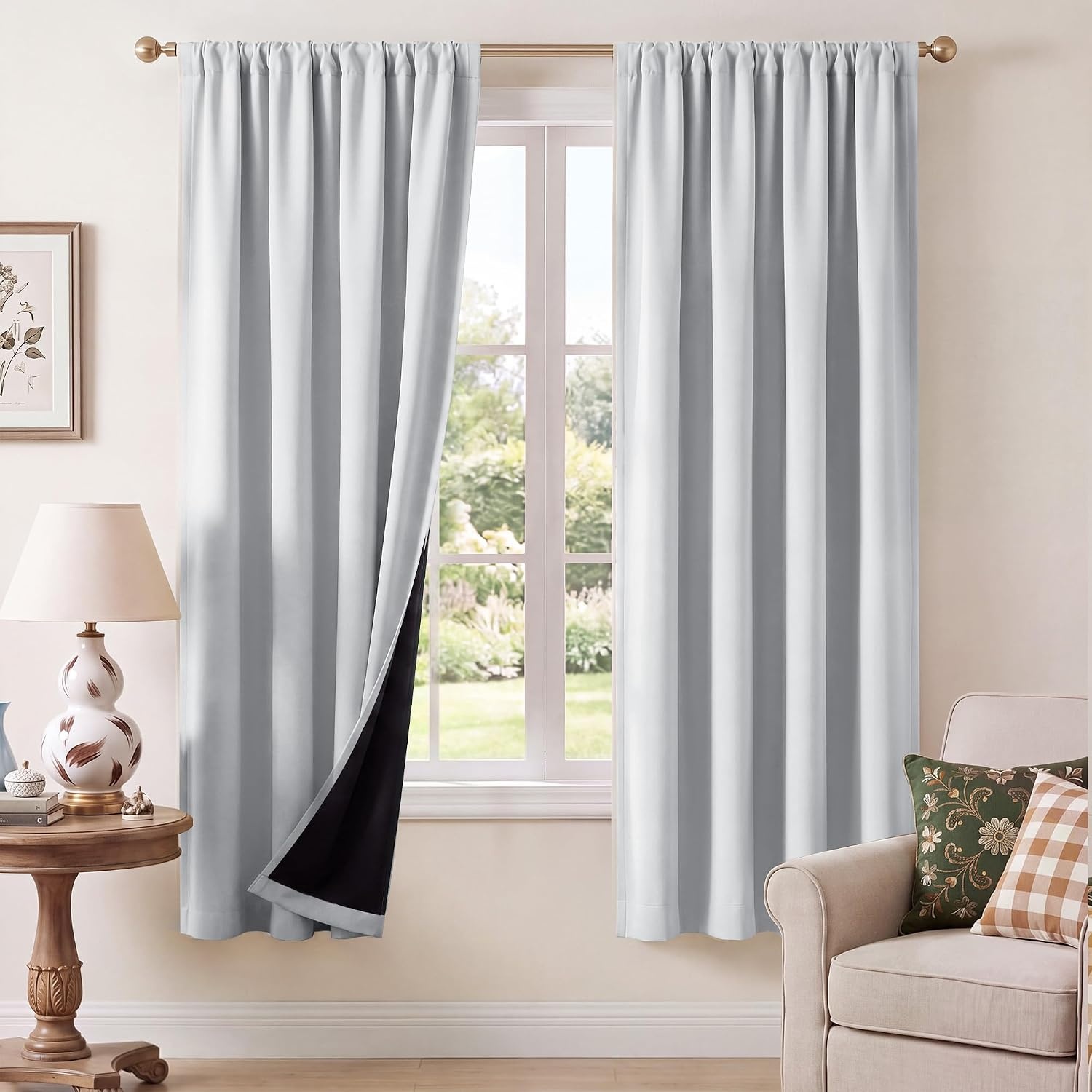 image:imageNICETOWN 100 Blackout Sage Green Curtains for Nursery Rod Pocket Thermal Drapes Room Darkening Window Treatment for Kids Room W52 x L54 2 PanelsGreyish White