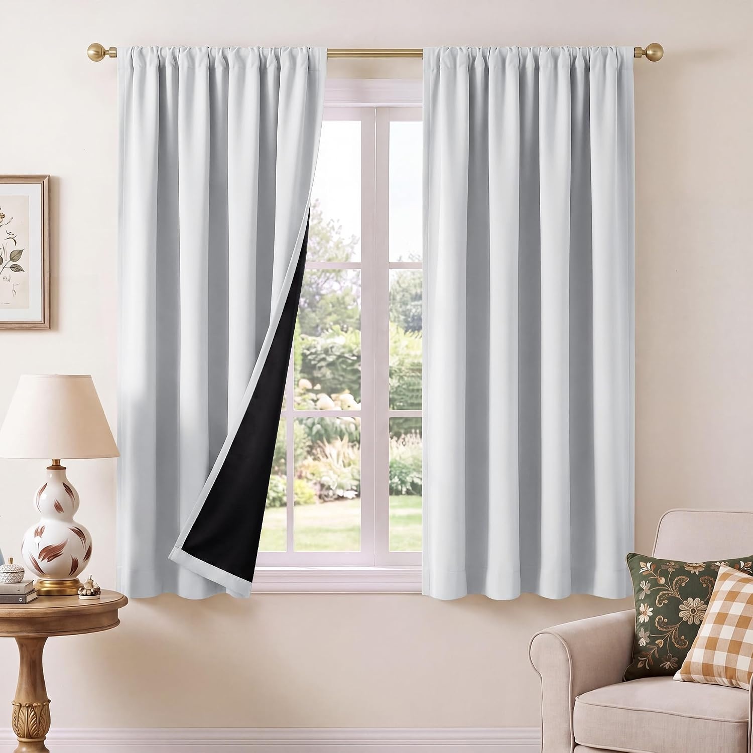 image:imageNICETOWN 100 Blackout Sage Green Curtains for Nursery Rod Pocket Thermal Drapes Room Darkening Window Treatment for Kids Room W52 x L54 2 PanelsGreyish White