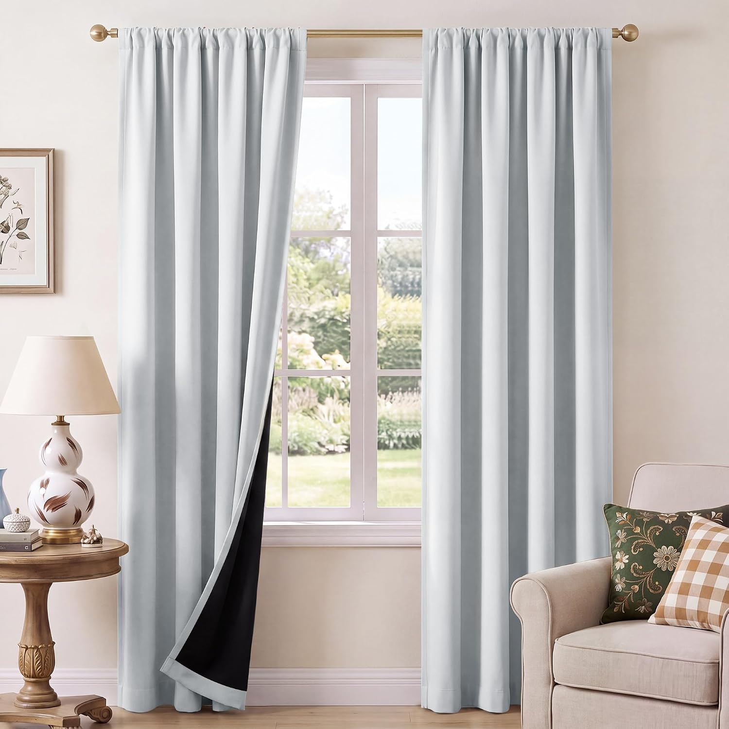 image:imageNICETOWN 100 Blackout Sage Green Curtains for Nursery Rod Pocket Thermal Drapes Room Darkening Window Treatment for Kids Room W52 x L54 2 PanelsGreyish White
