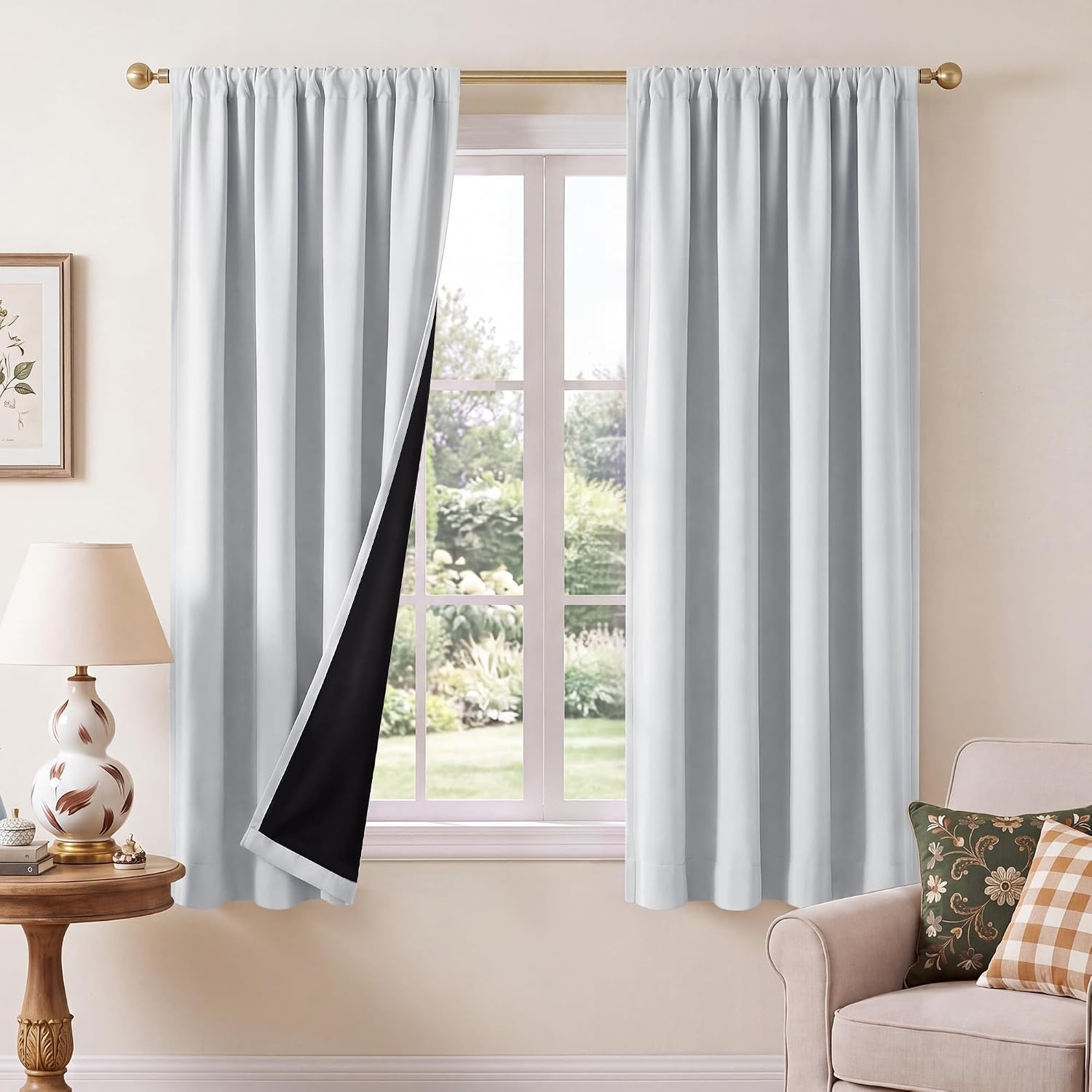 image:imageNICETOWN 100 Blackout Sage Green Curtains for Nursery Rod Pocket Thermal Drapes Room Darkening Window Treatment for Kids Room W52 x L54 2 PanelsGreyish White