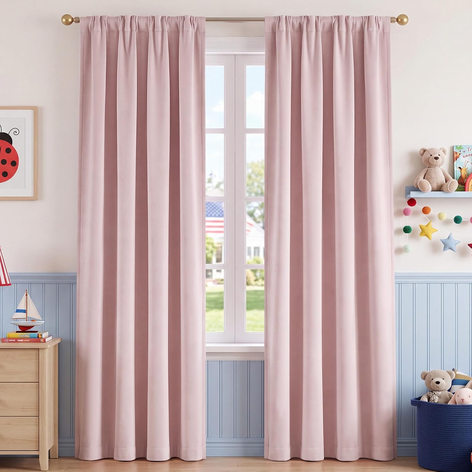image:imageNICETOWN 100 Blackout Sage Green Curtains for Nursery Rod Pocket Thermal Drapes Room Darkening Window Treatment for Kids Room W52 x L54 2 PanelsLight Pink