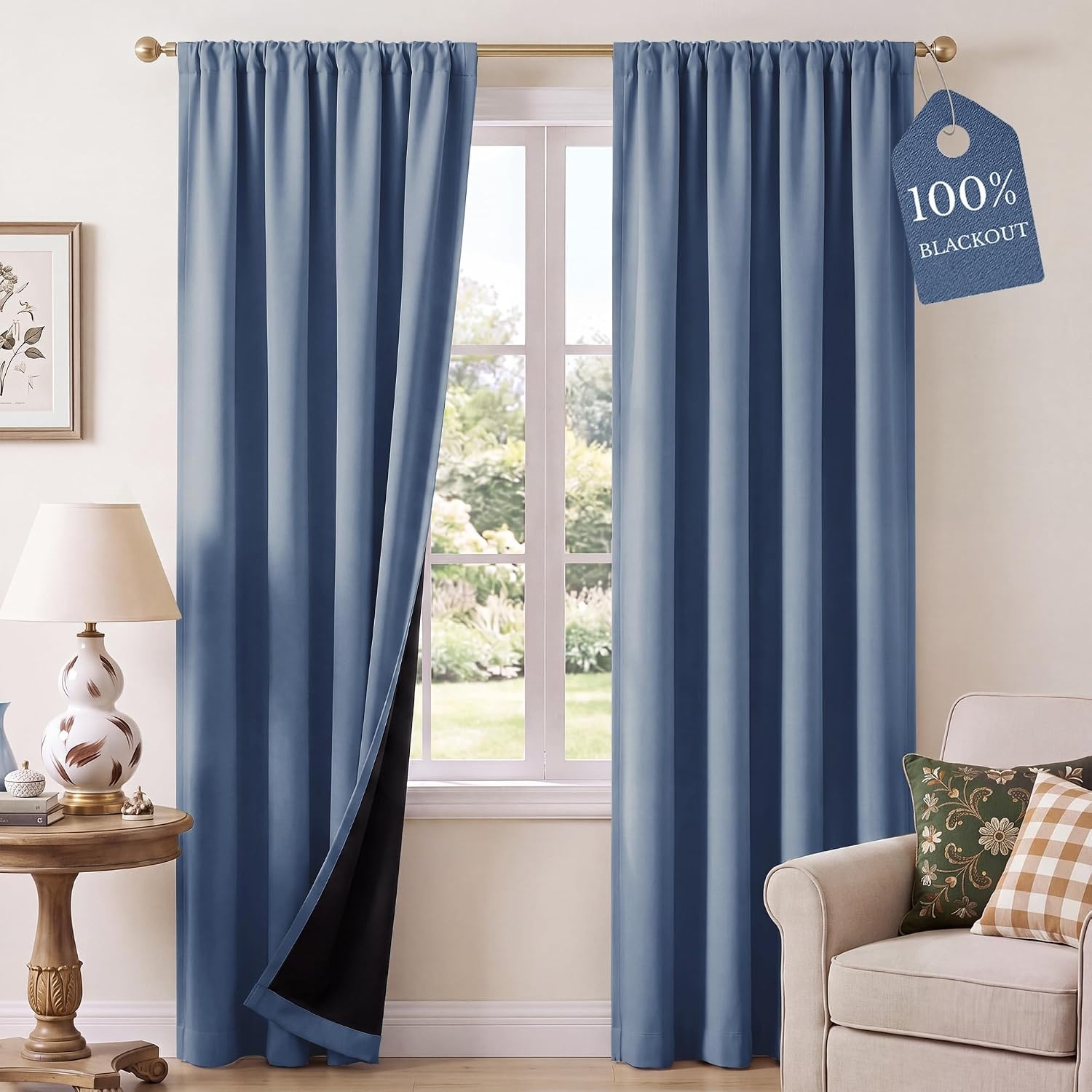 image:imageNICETOWN 100 Blackout Sage Green Curtains for Nursery Rod Pocket Thermal Drapes Room Darkening Window Treatment for Kids Room W52 x L54 2 PanelsStone Blue