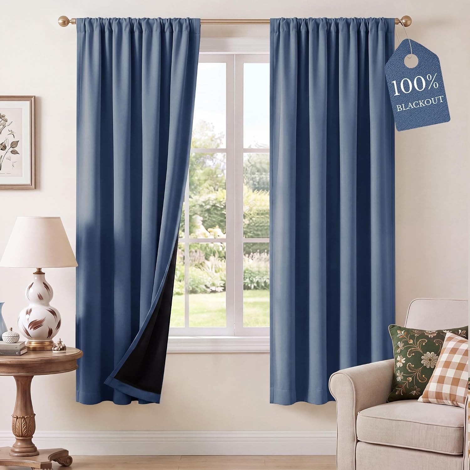 image:imageNICETOWN 100 Blackout Sage Green Curtains for Nursery Rod Pocket Thermal Drapes Room Darkening Window Treatment for Kids Room W52 x L54 2 PanelsStone Blue