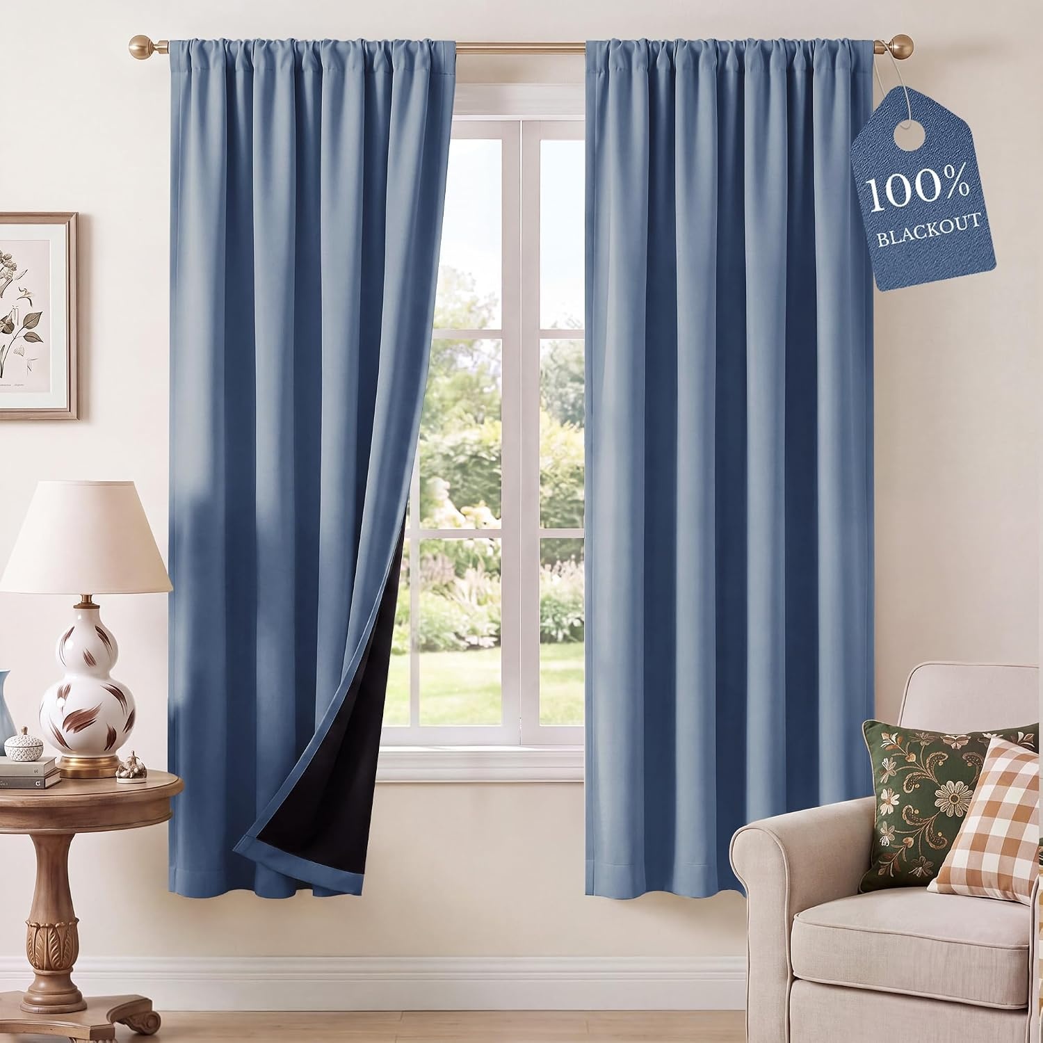 image:imageNICETOWN 100 Blackout Sage Green Curtains for Nursery Rod Pocket Thermal Drapes Room Darkening Window Treatment for Kids Room W52 x L54 2 PanelsStone Blue